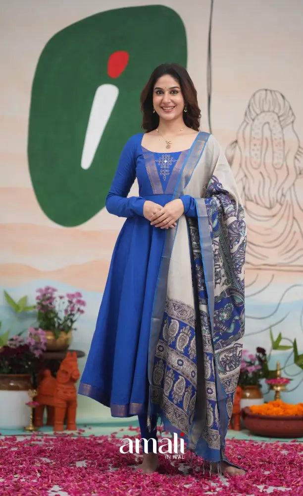 mangalagiri cotton anarkali dress Ink Blue and Turquoise Mangalagiri Cotton Anarkali 3XL