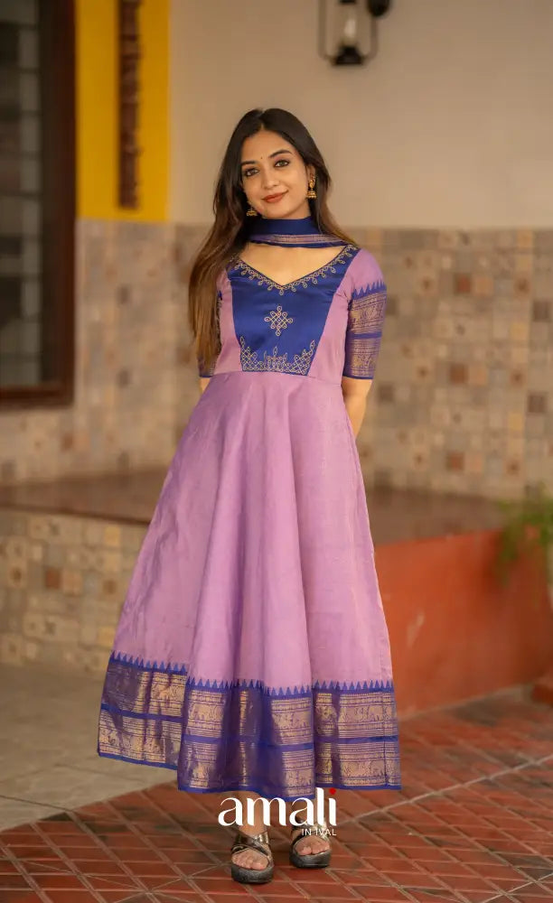 Lavender and Dark Blue Cotton Anarkali XL