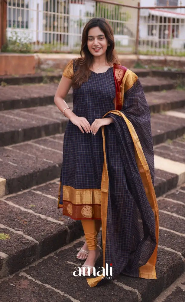 Meera Cotton Salwar - Navy Blue and Mustard
