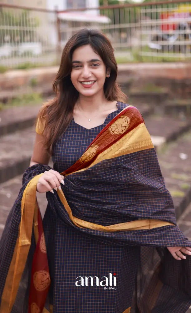 Meera Cotton Salwar - Navy Blue and Mustard