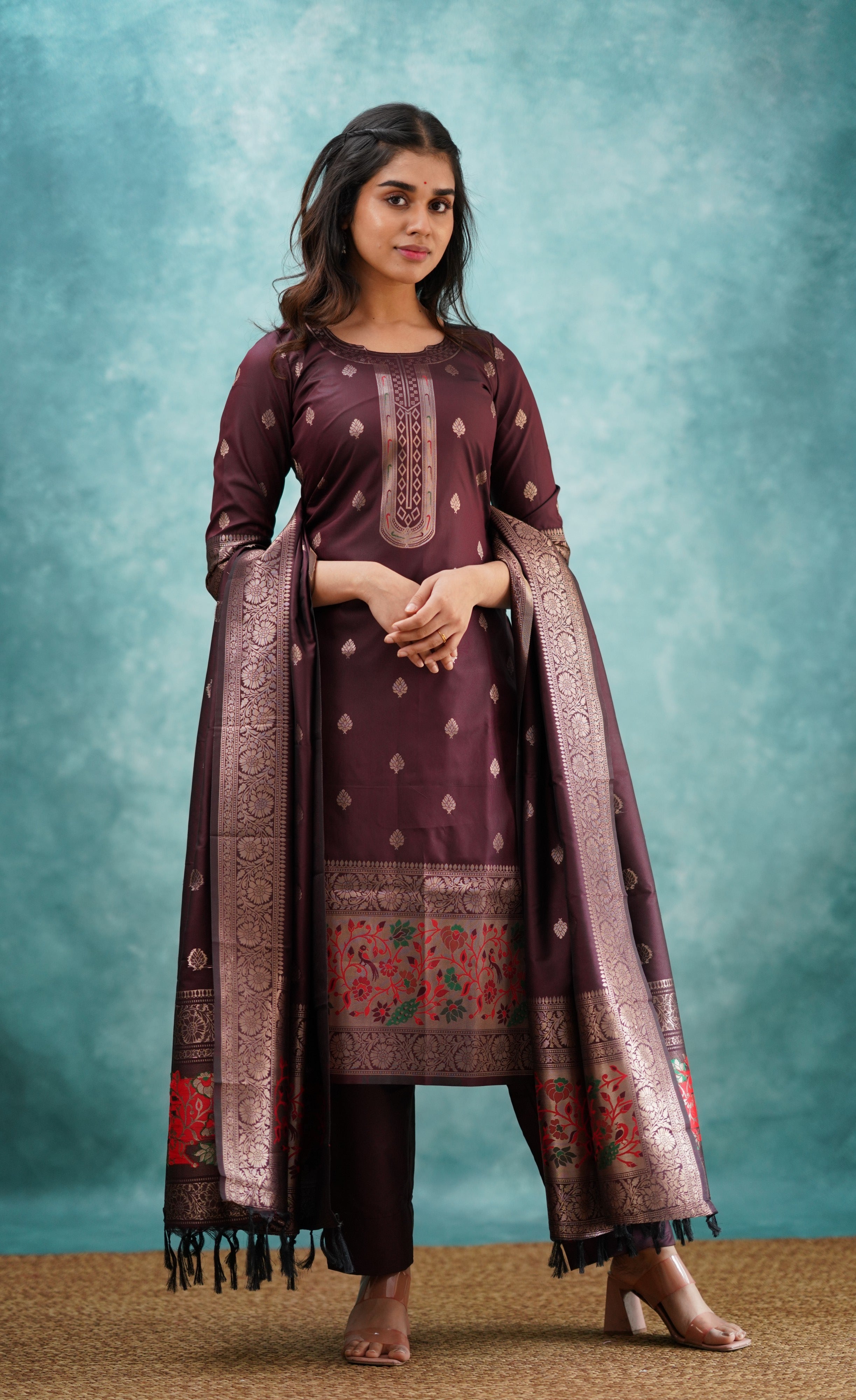 Sanvi - Coffee Brown Blended Paithani Silk Salwar  Plus Size