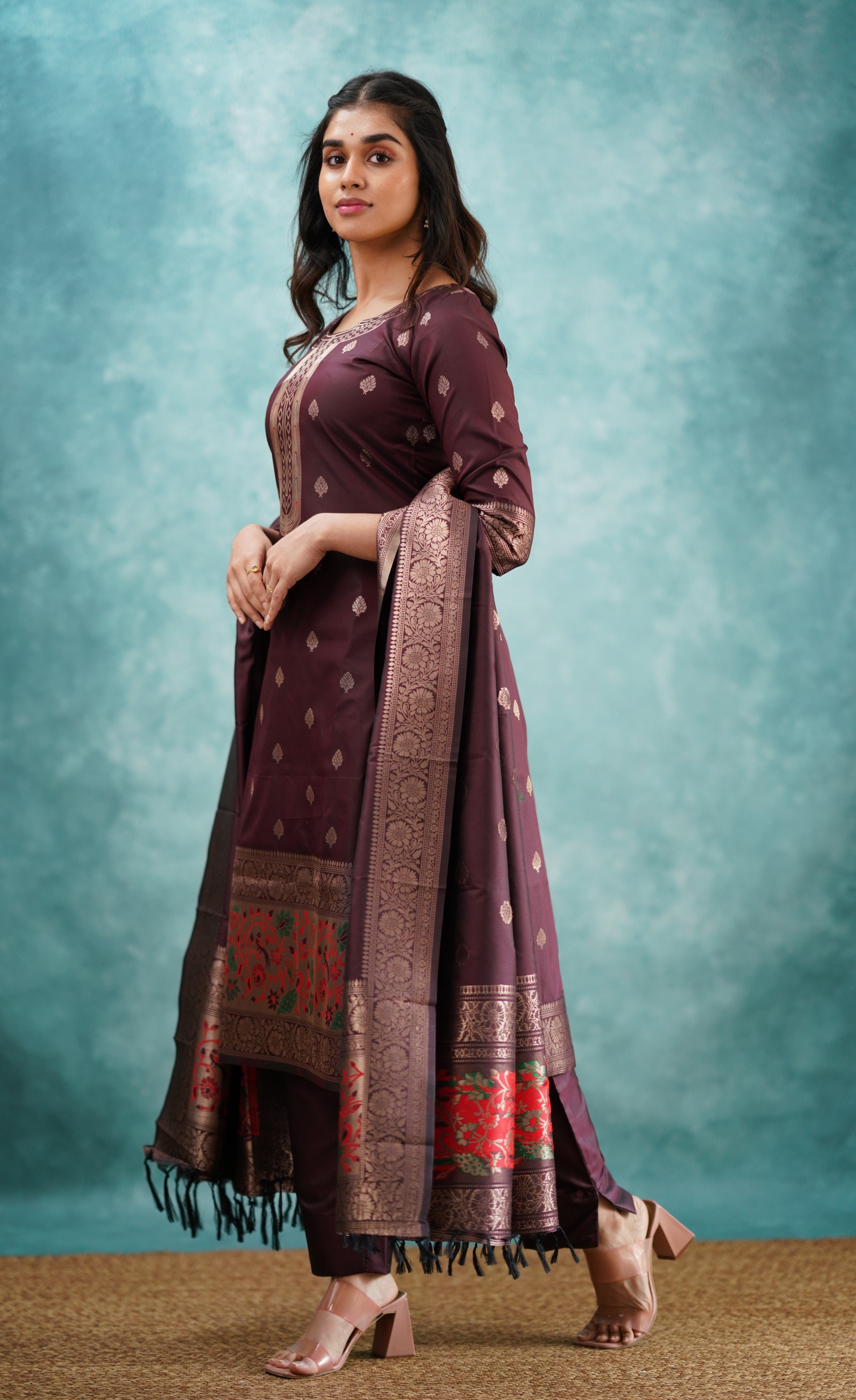 Sanvi - Coffee Brown Blended Paithani Silk Salwar  Plus Size