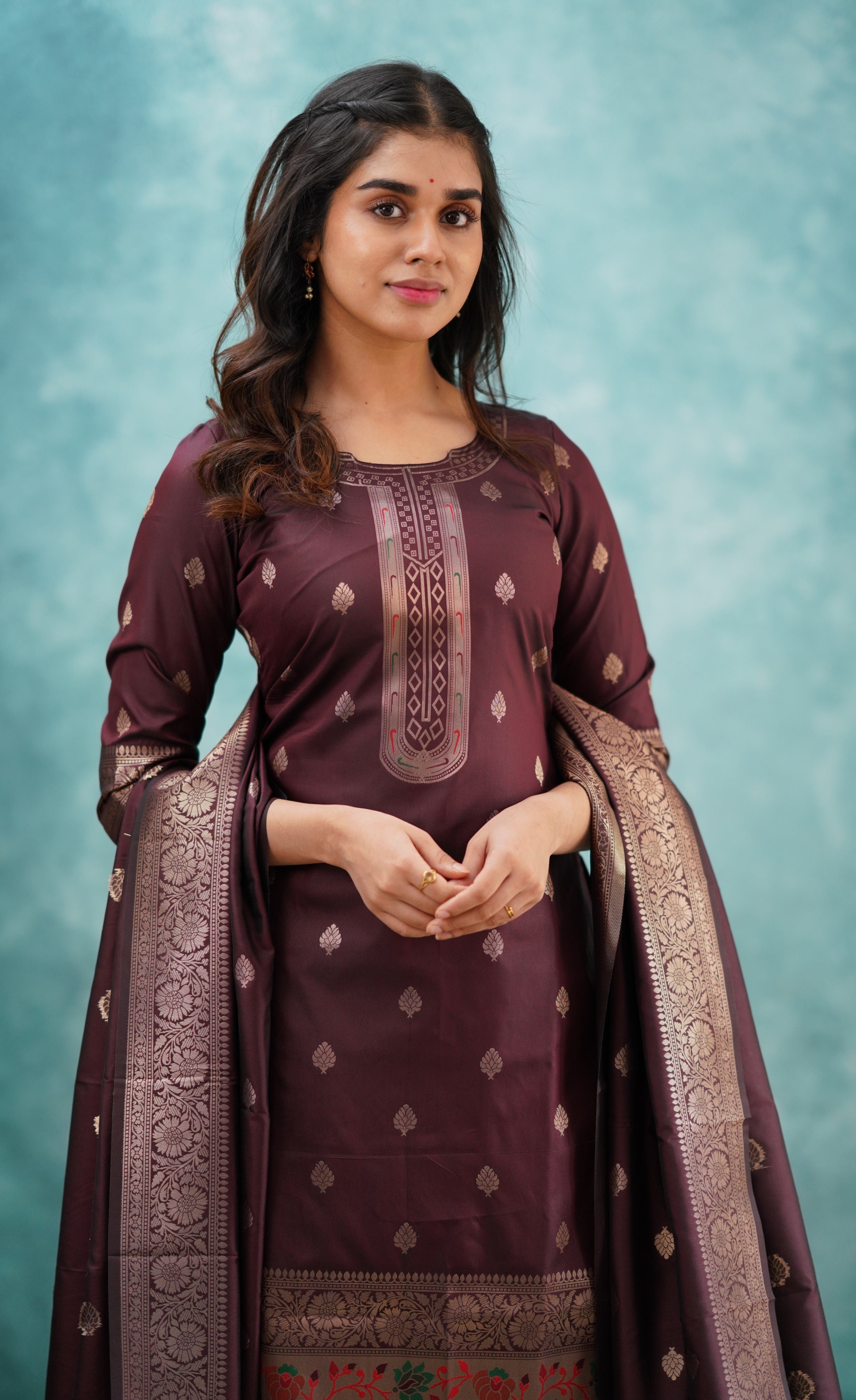 Sanvi - Coffee Brown Blended Paithani Silk Salwar  Plus Size