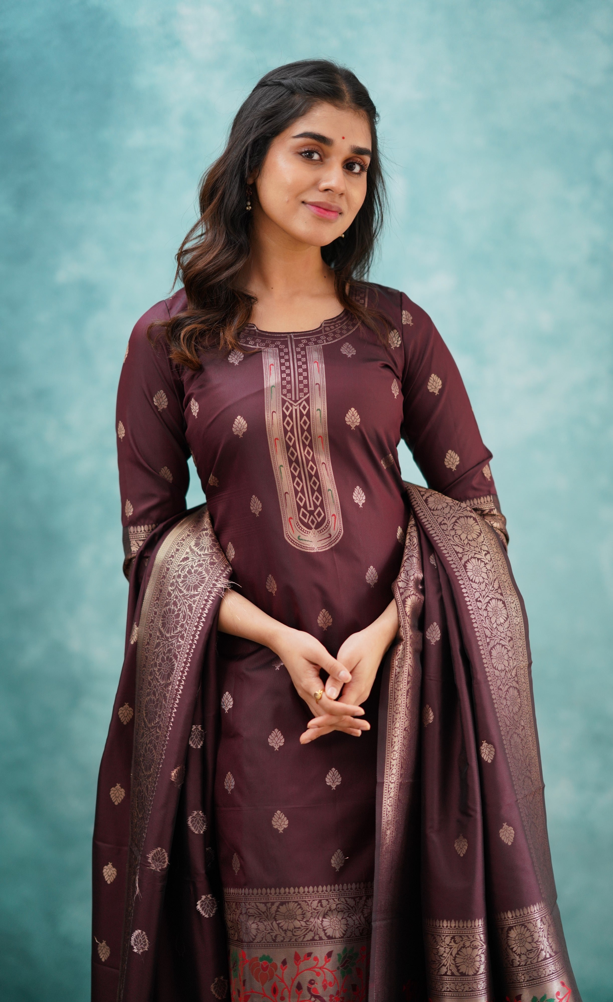 Sanvi - Coffee Brown Blended Paithani Silk Salwar  Plus Size
