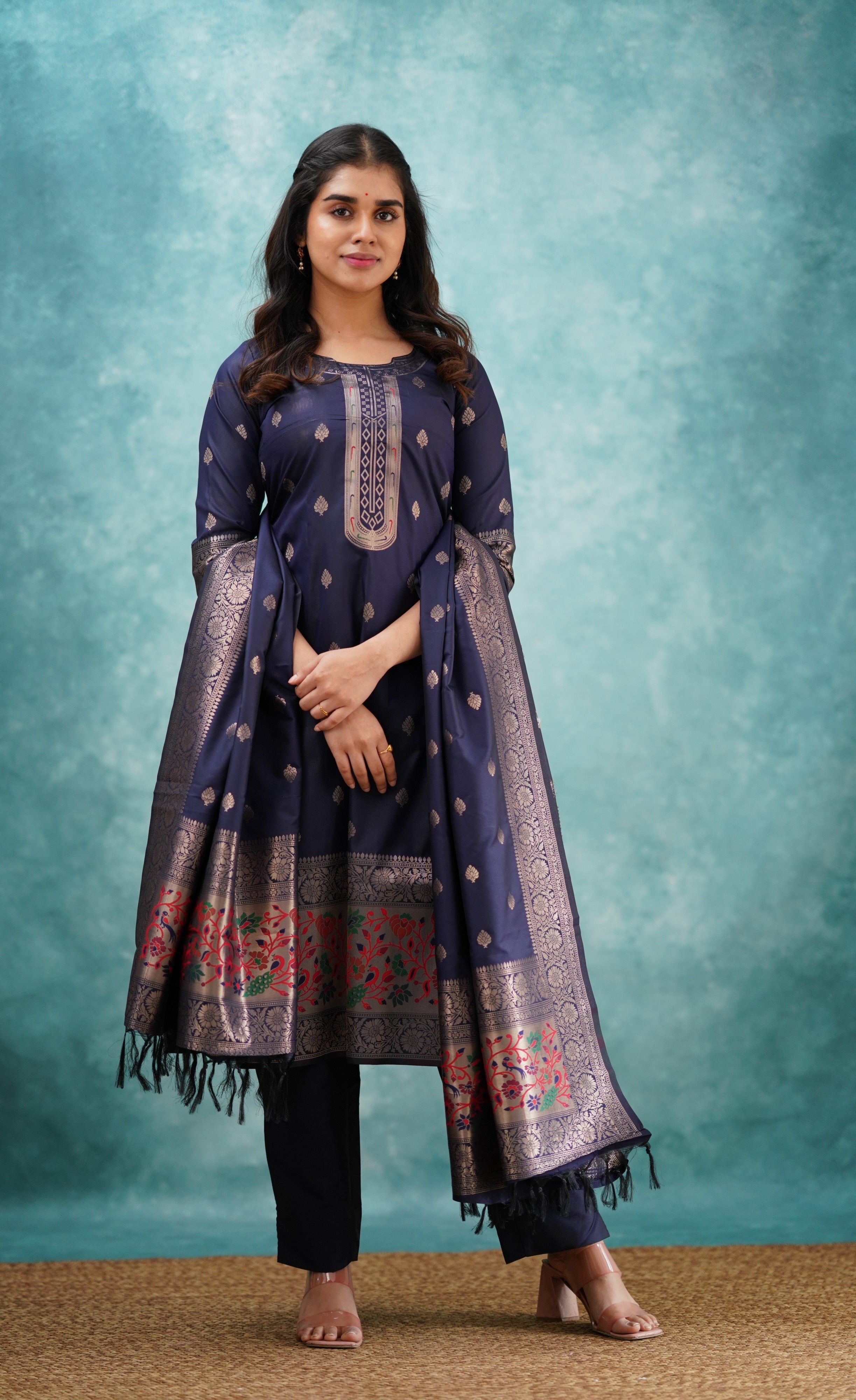 Sanvi - Navy Blue Blended Paithani Silk Salwar  Plus Size