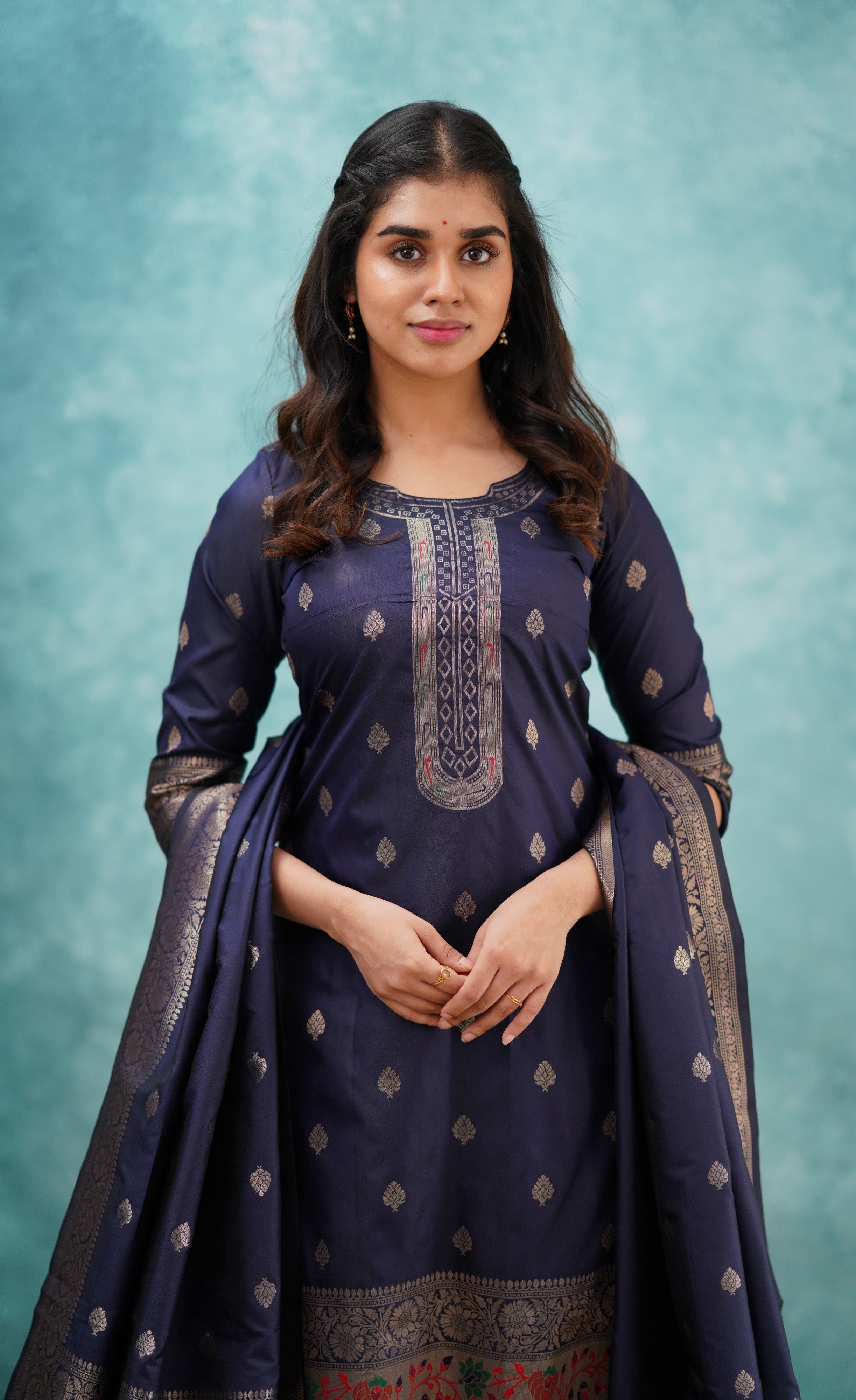 Sanvi - Navy Blue Blended Paithani Silk Salwar  Plus Size