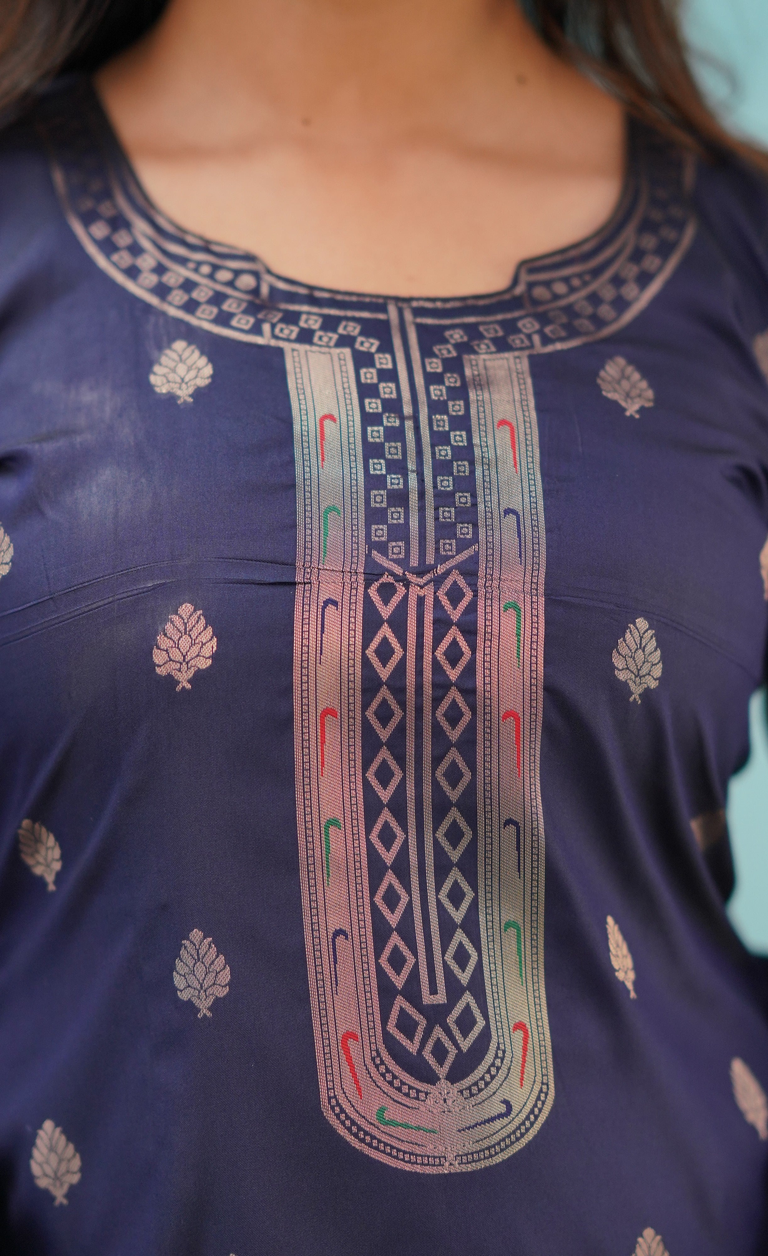 Sanvi - Navy Blue Blended Paithani Silk Salwar  Plus Size