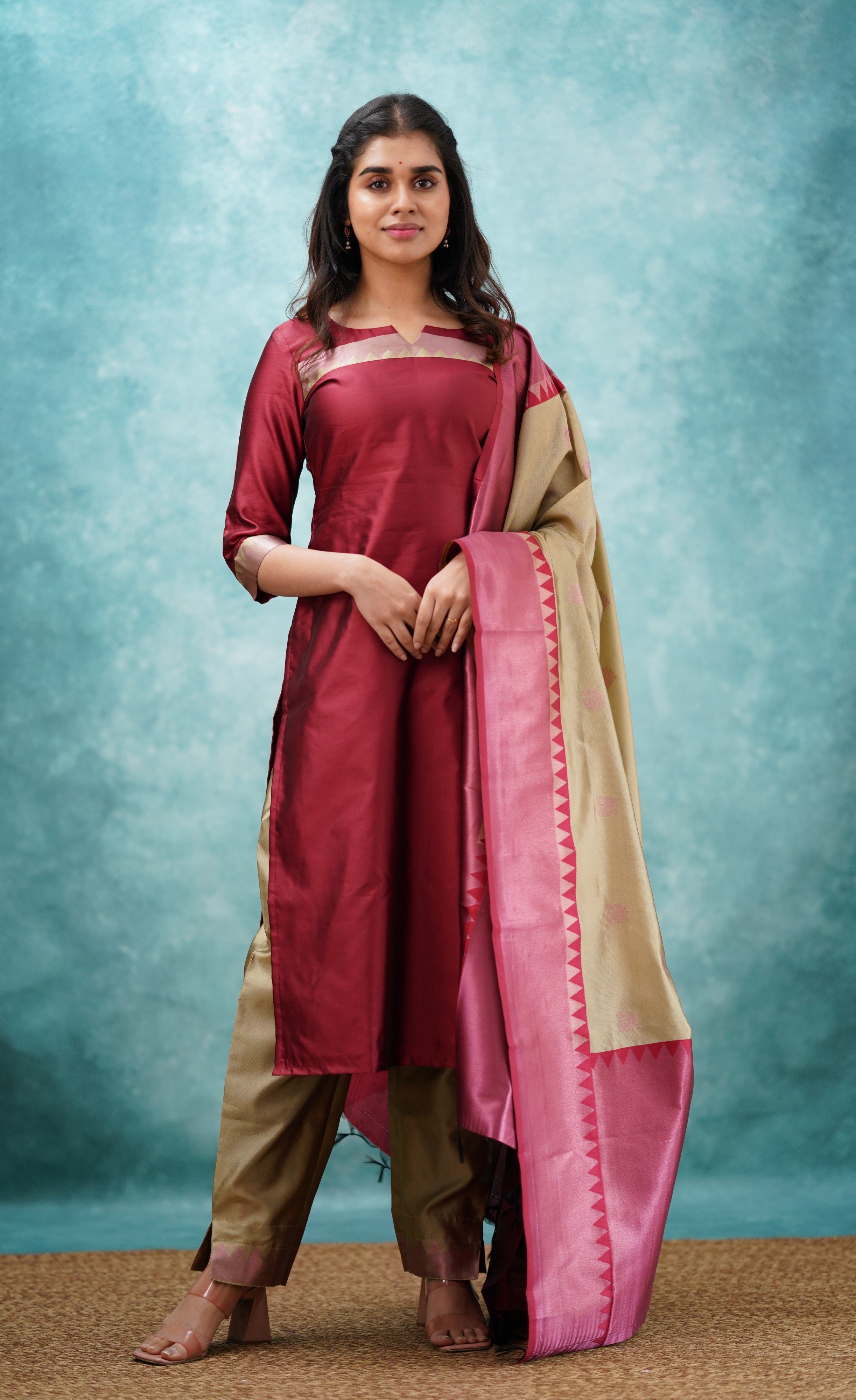 Sanvi - Reddish Maroon and Beige Semi Kanchipuram Silk Salwar Plus Size