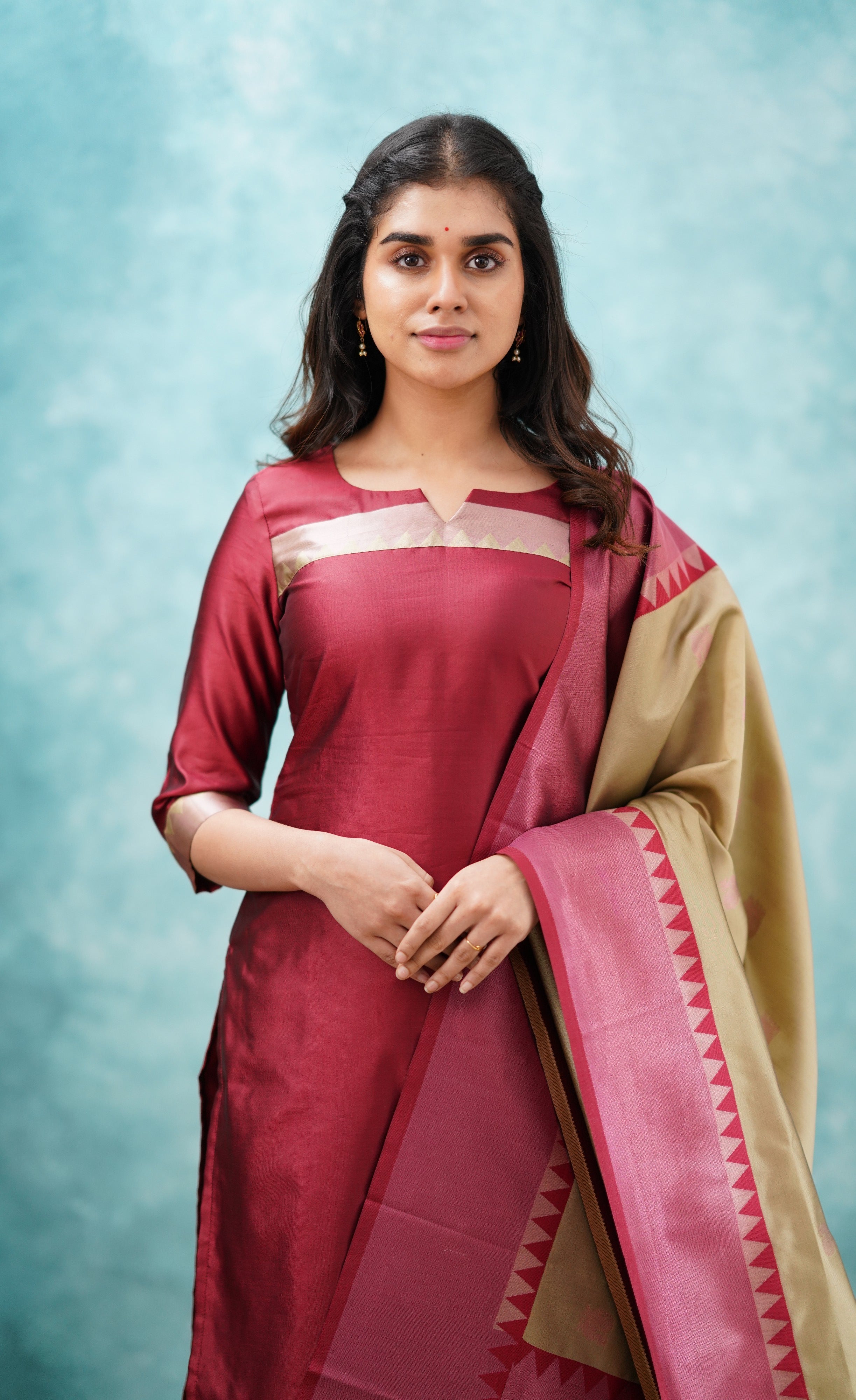 Sanvi - Reddish Maroon and Beige Semi Kanchipuram Silk Salwar Plus Size