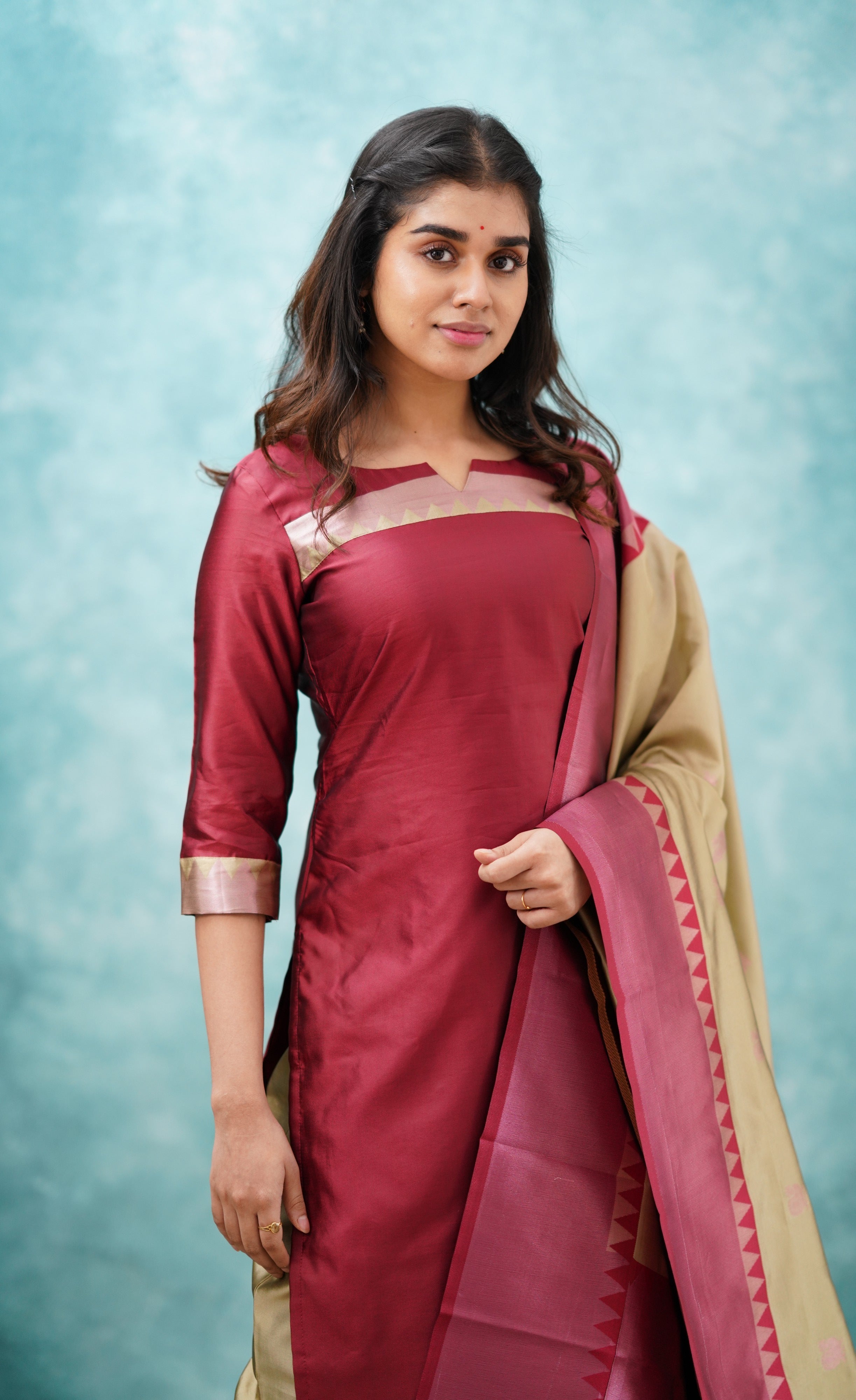Sanvi - Reddish Maroon and Beige Semi Kanchipuram Silk Salwar Plus Size
