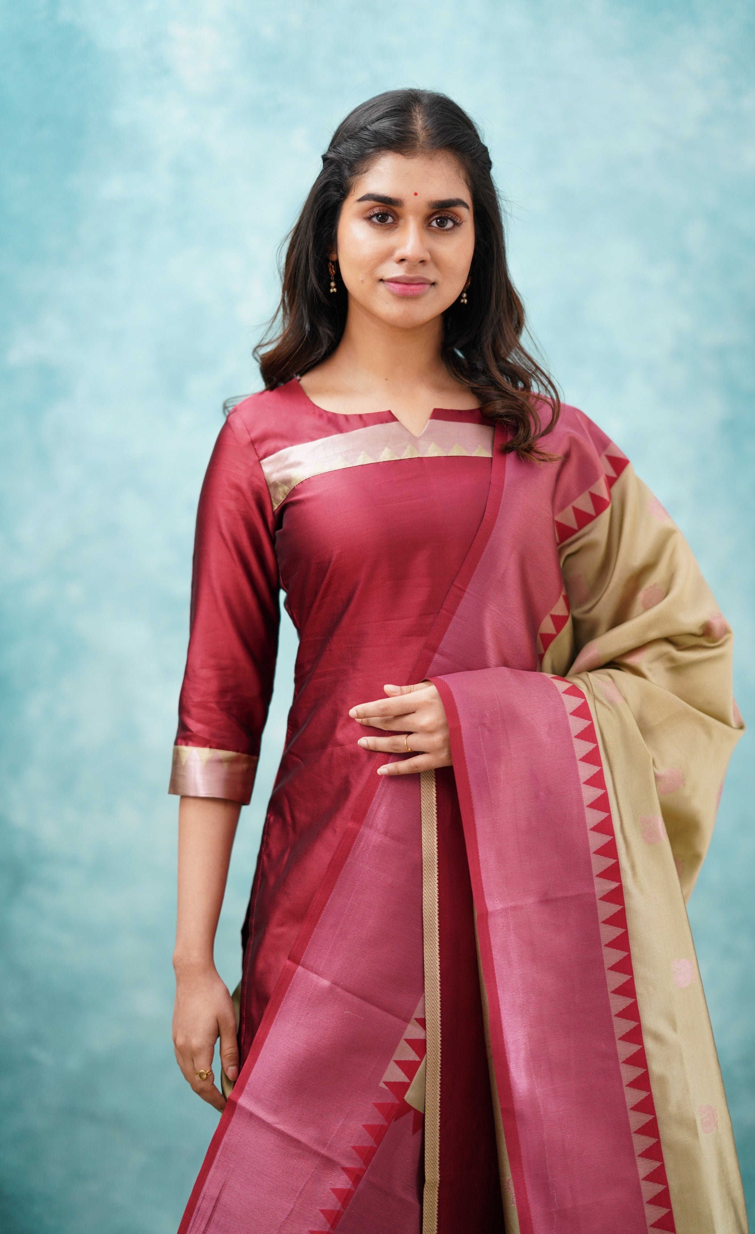 Sanvi - Reddish Maroon and Beige Semi Kanchipuram Silk Salwar Plus Size