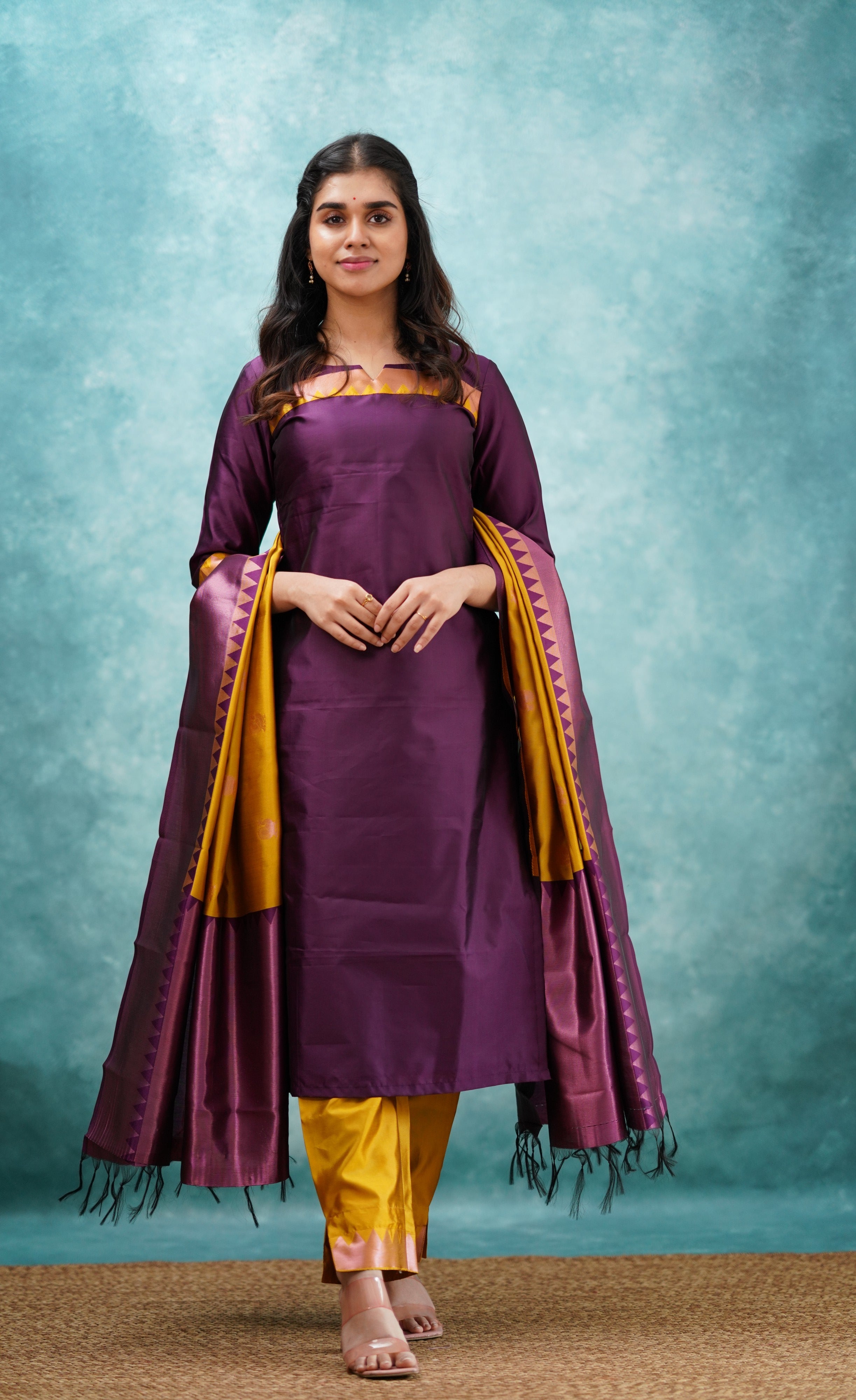 Sanvi - Purplish Magenta and Yellow Semi Kanchipuram Silk Salwar  Plus Size