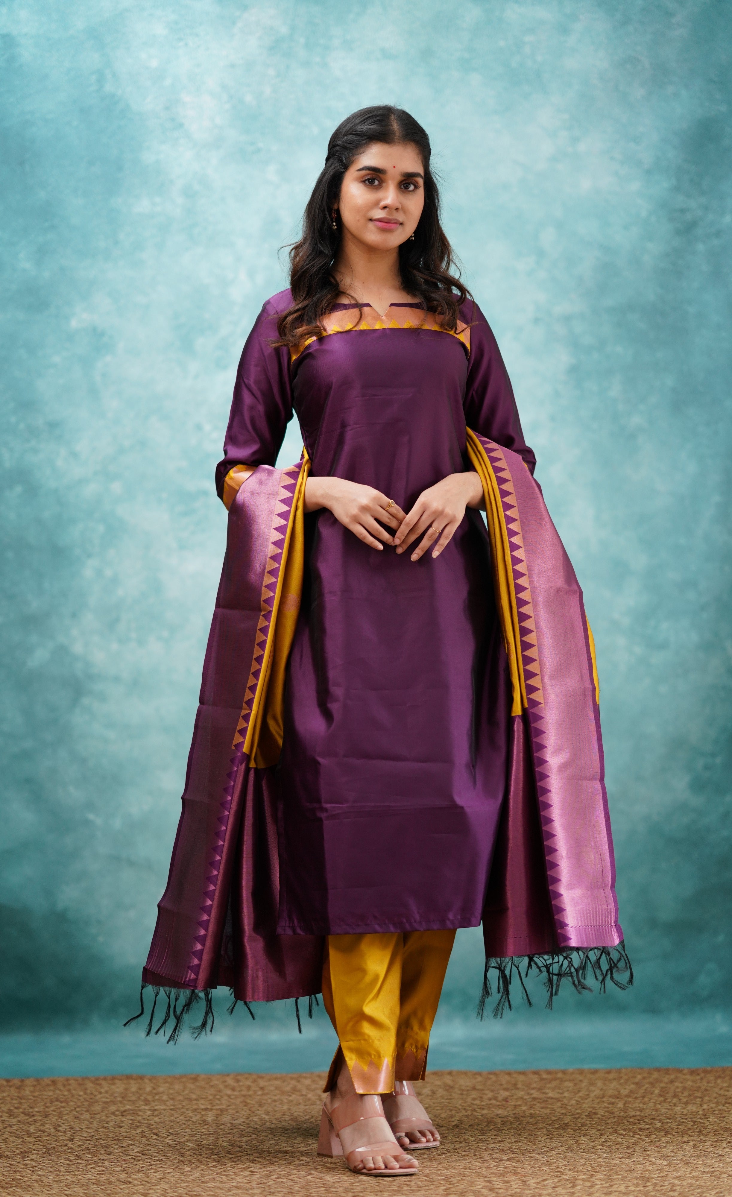 Sanvi - Purplish Magenta and Yellow Semi Kanchipuram Silk Salwar  Plus Size