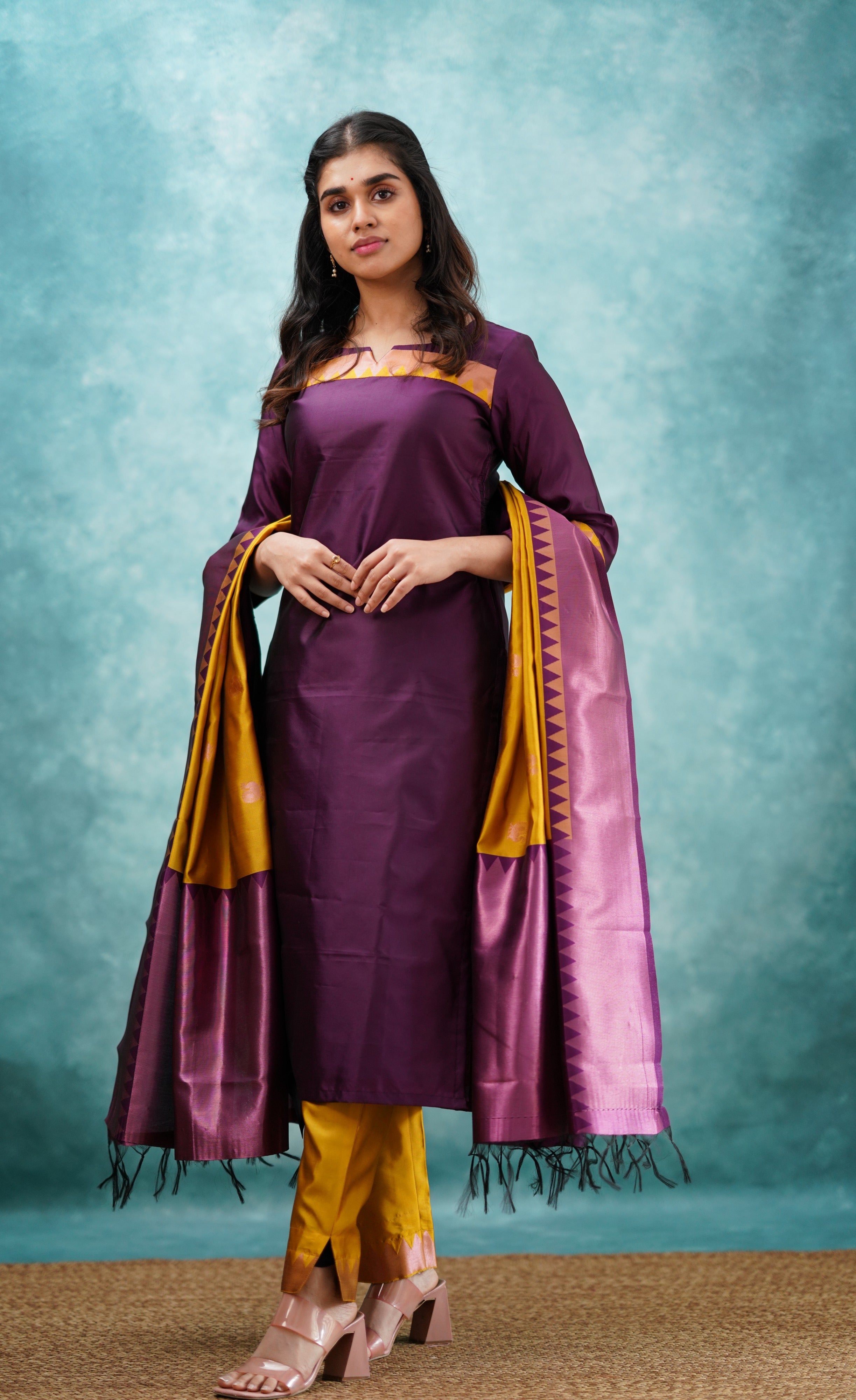 Sanvi - Purplish Magenta and Yellow Semi Kanchipuram Silk Salwar  Plus Size