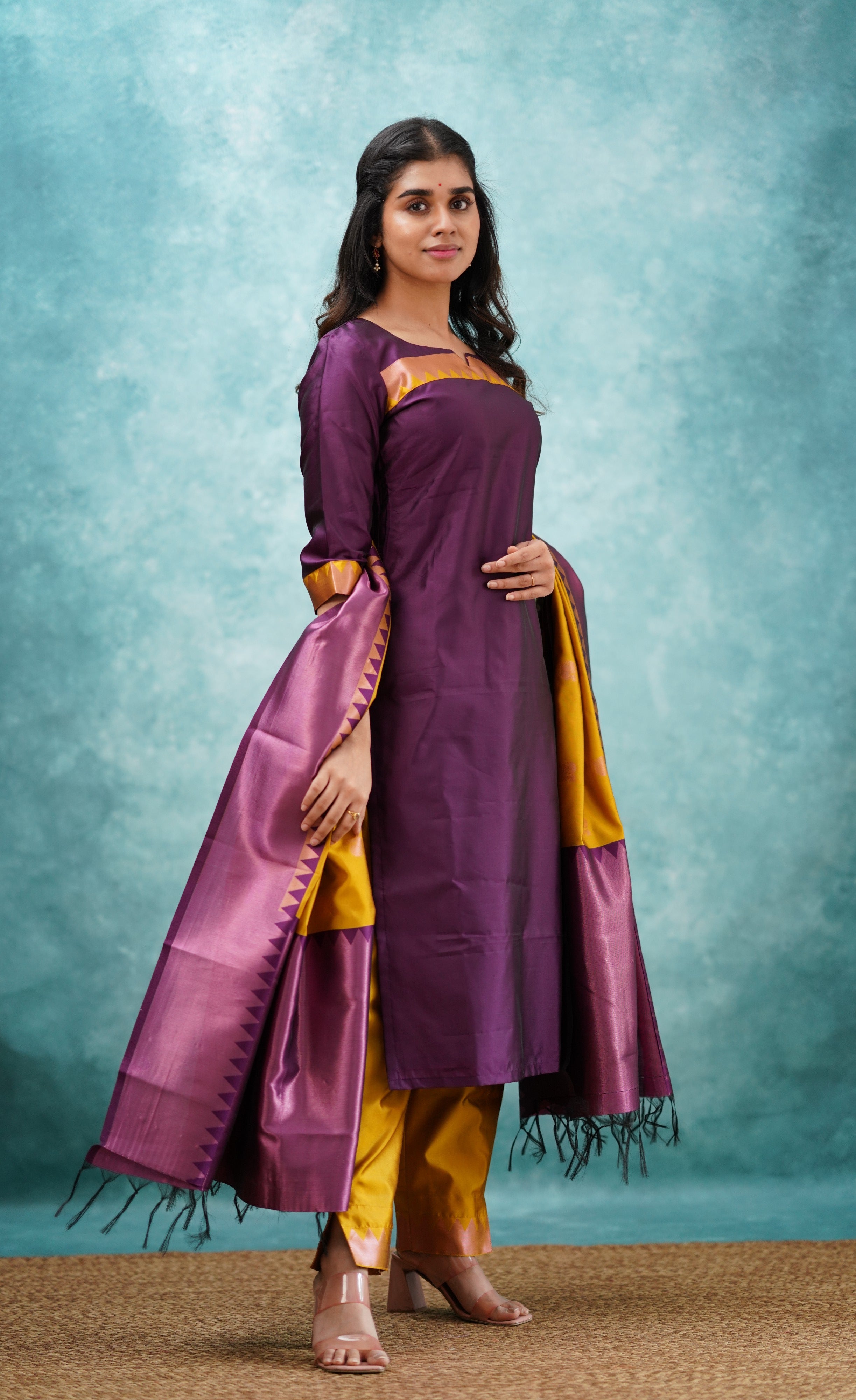 Sanvi - Purplish Magenta and Yellow Semi Kanchipuram Silk Salwar  Plus Size