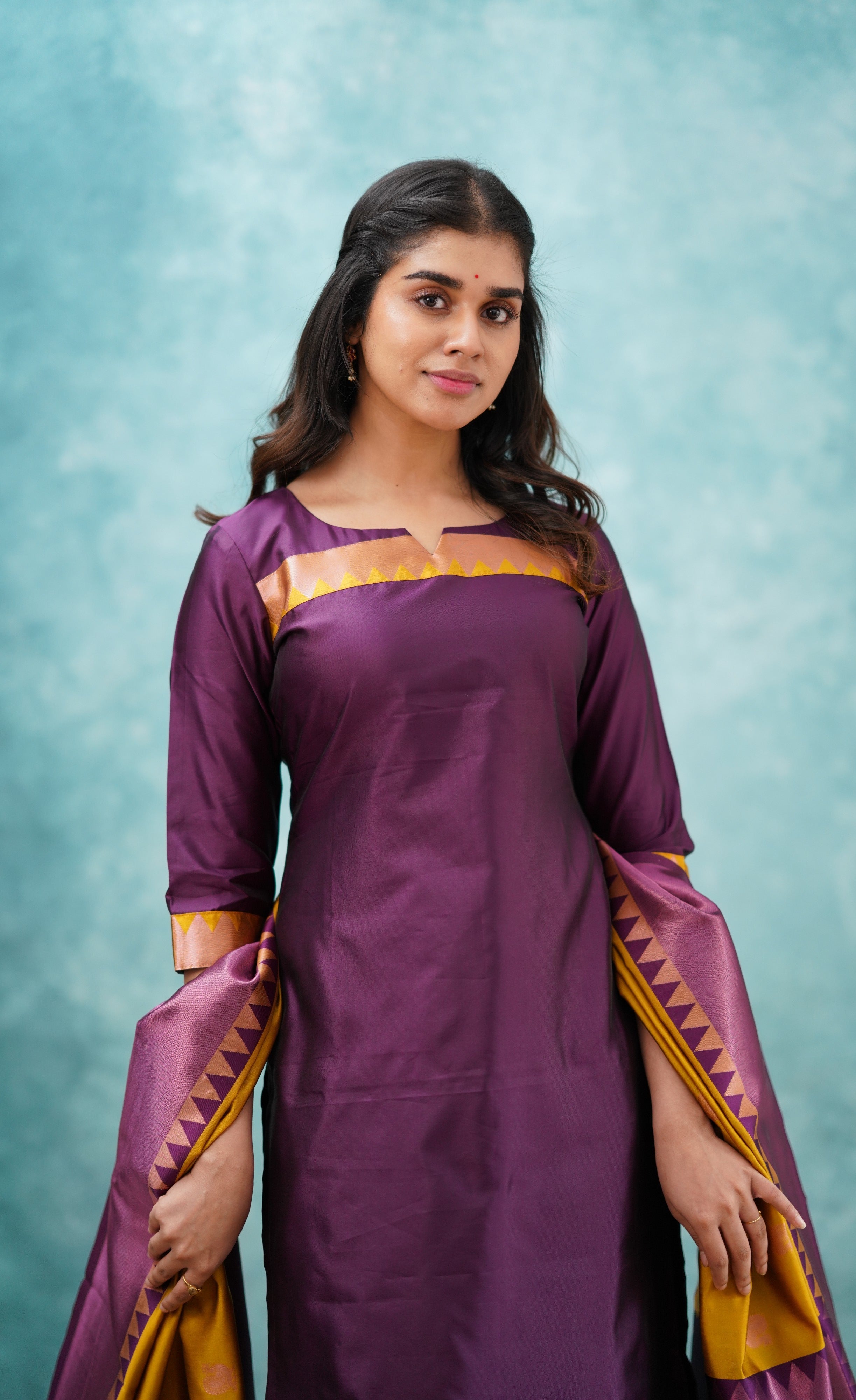Sanvi - Purplish Magenta and Yellow Semi Kanchipuram Silk Salwar  Plus Size