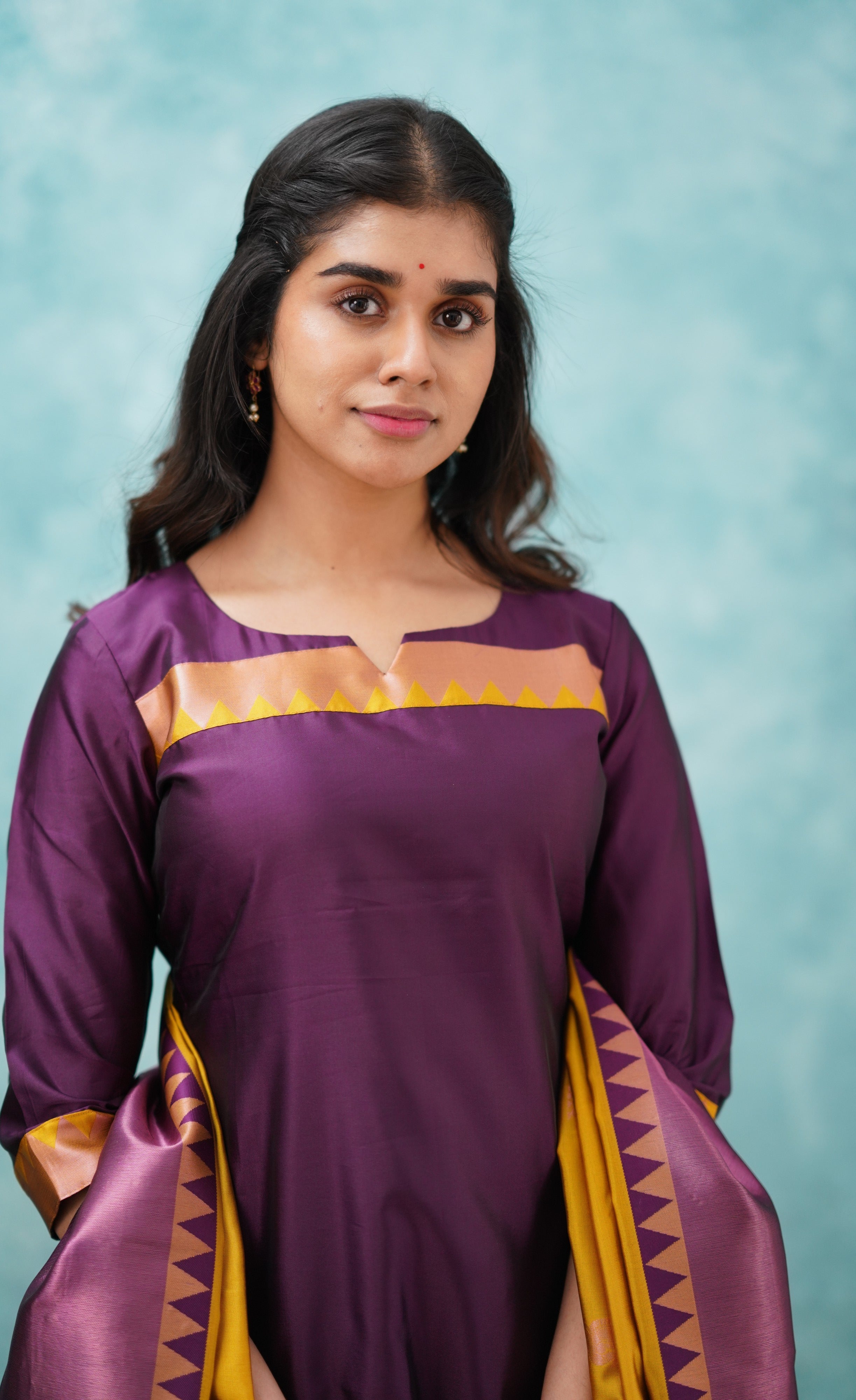 Sanvi - Purplish Magenta and Yellow Semi Kanchipuram Silk Salwar  Plus Size