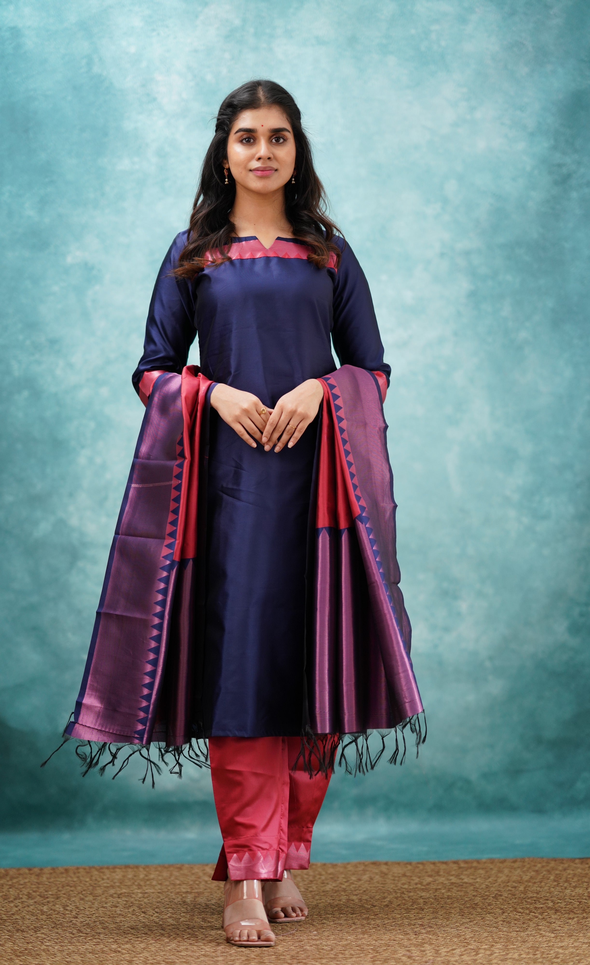 Sanvi - Dark Blue and Red Semi Kanchipuram Silk Salwar  Plus Size
