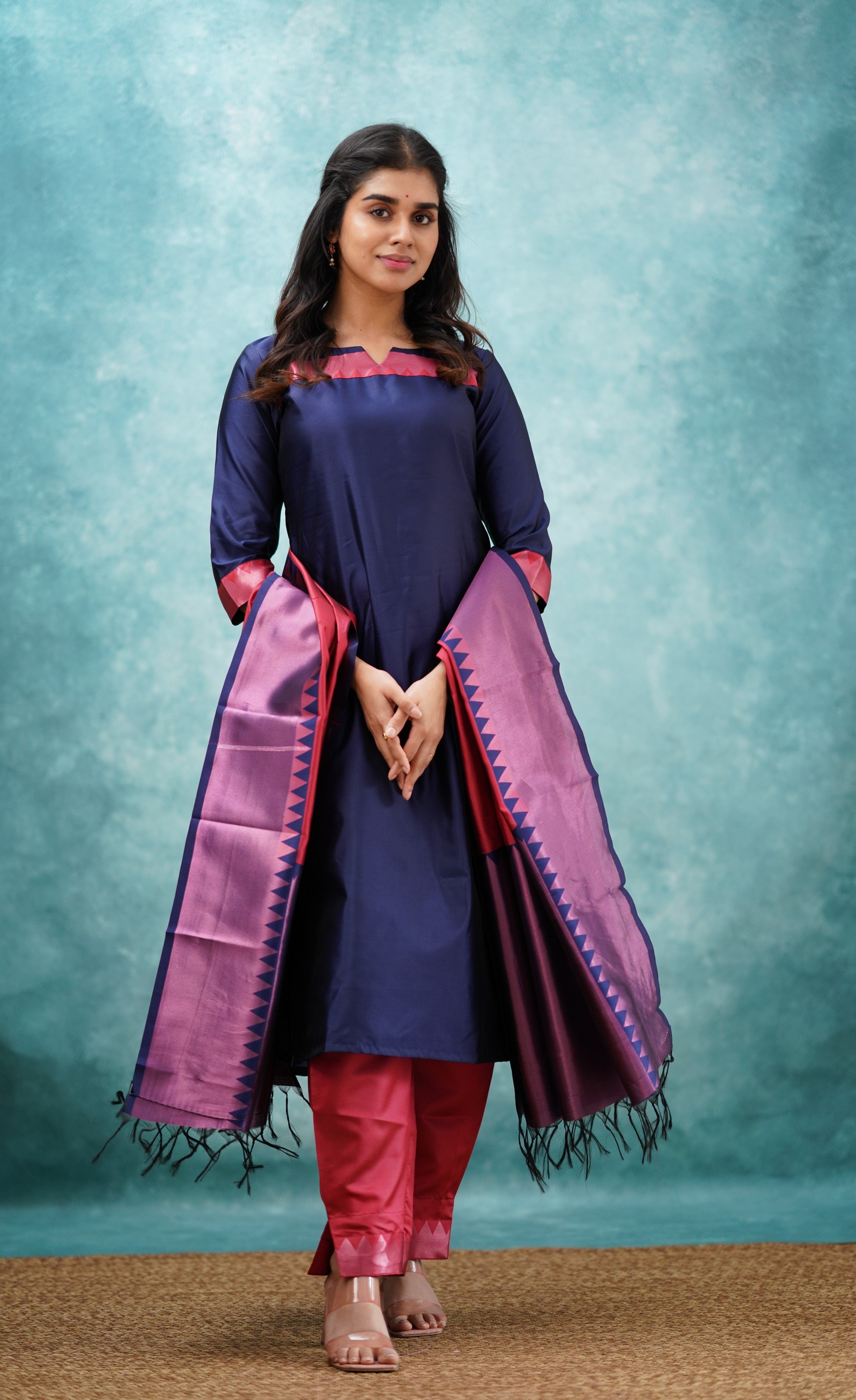 Sanvi - Dark Blue and Red Semi Kanchipuram Silk Salwar  Plus Size