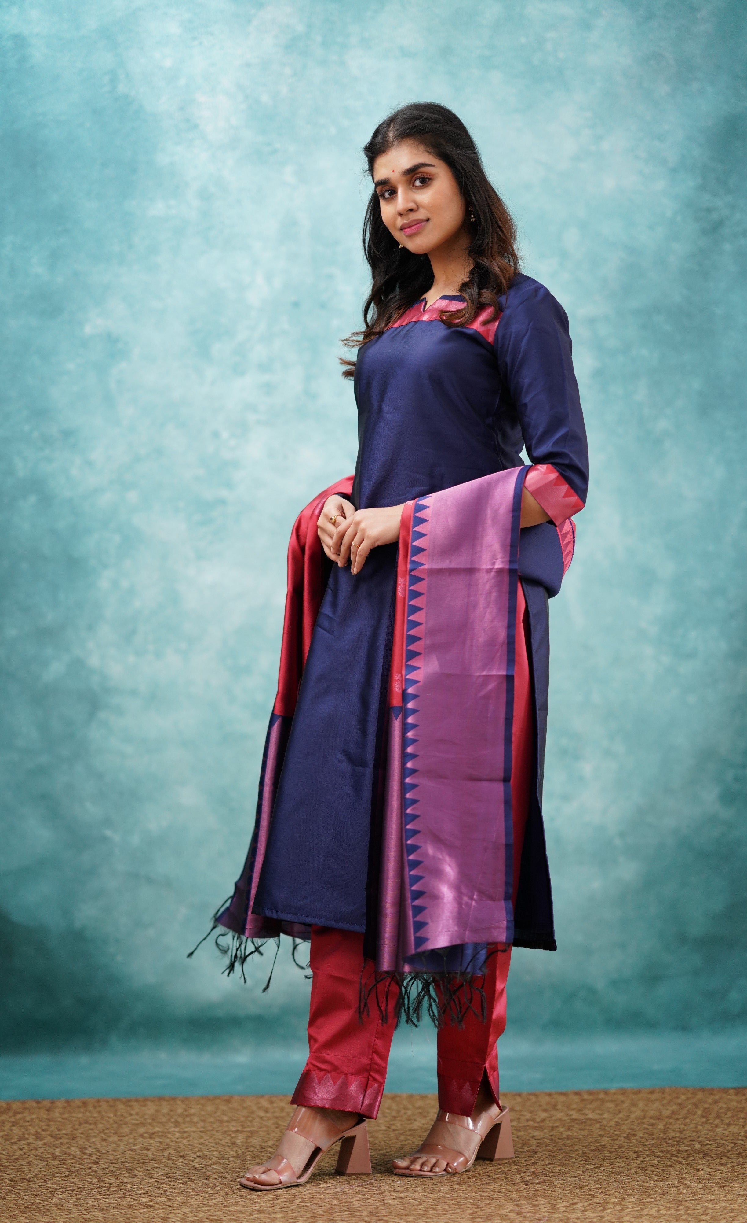 Sanvi - Dark Blue and Red Semi Kanchipuram Silk Salwar  Plus Size