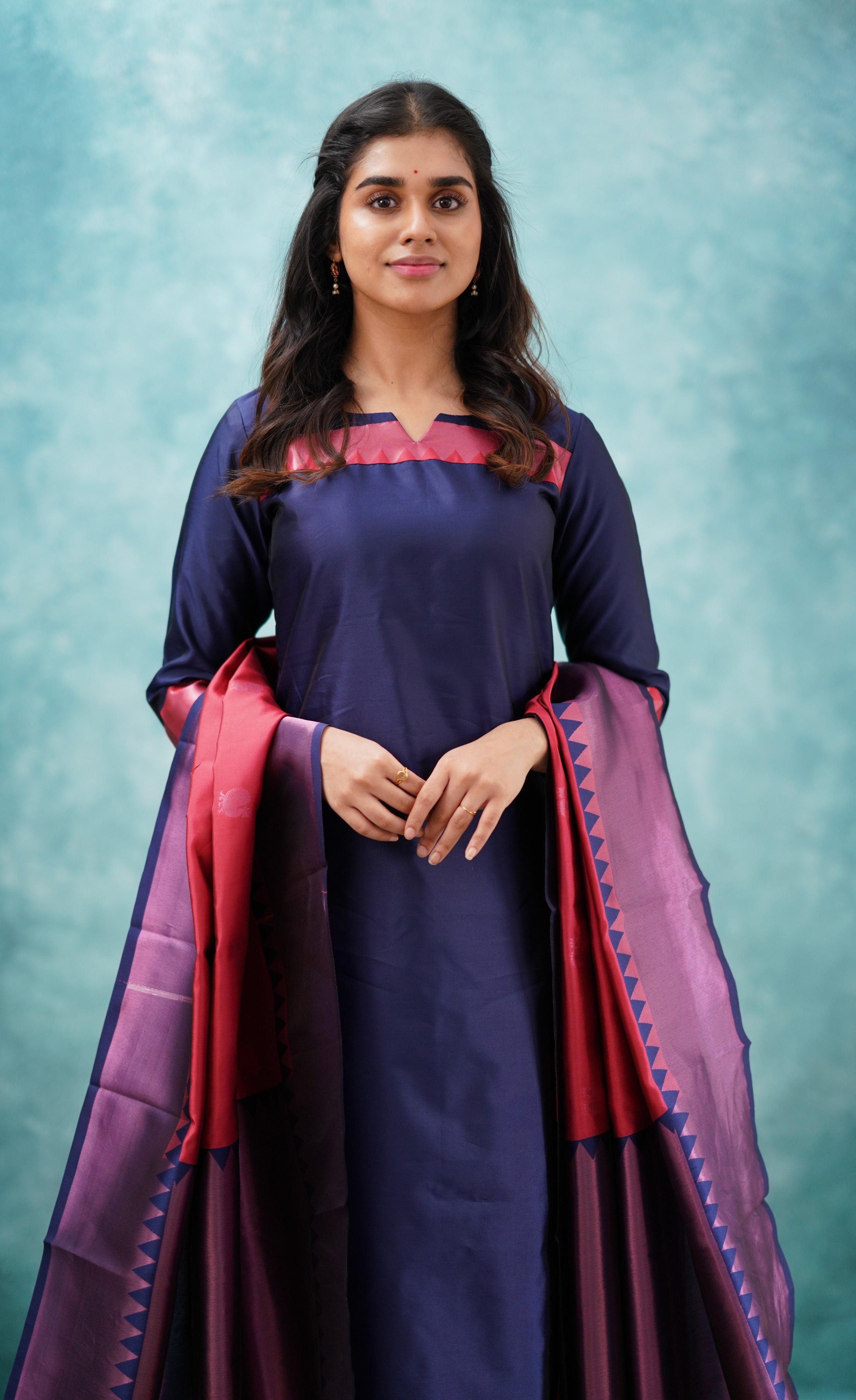 Sanvi - Dark Blue and Red Semi Kanchipuram Silk Salwar  Plus Size