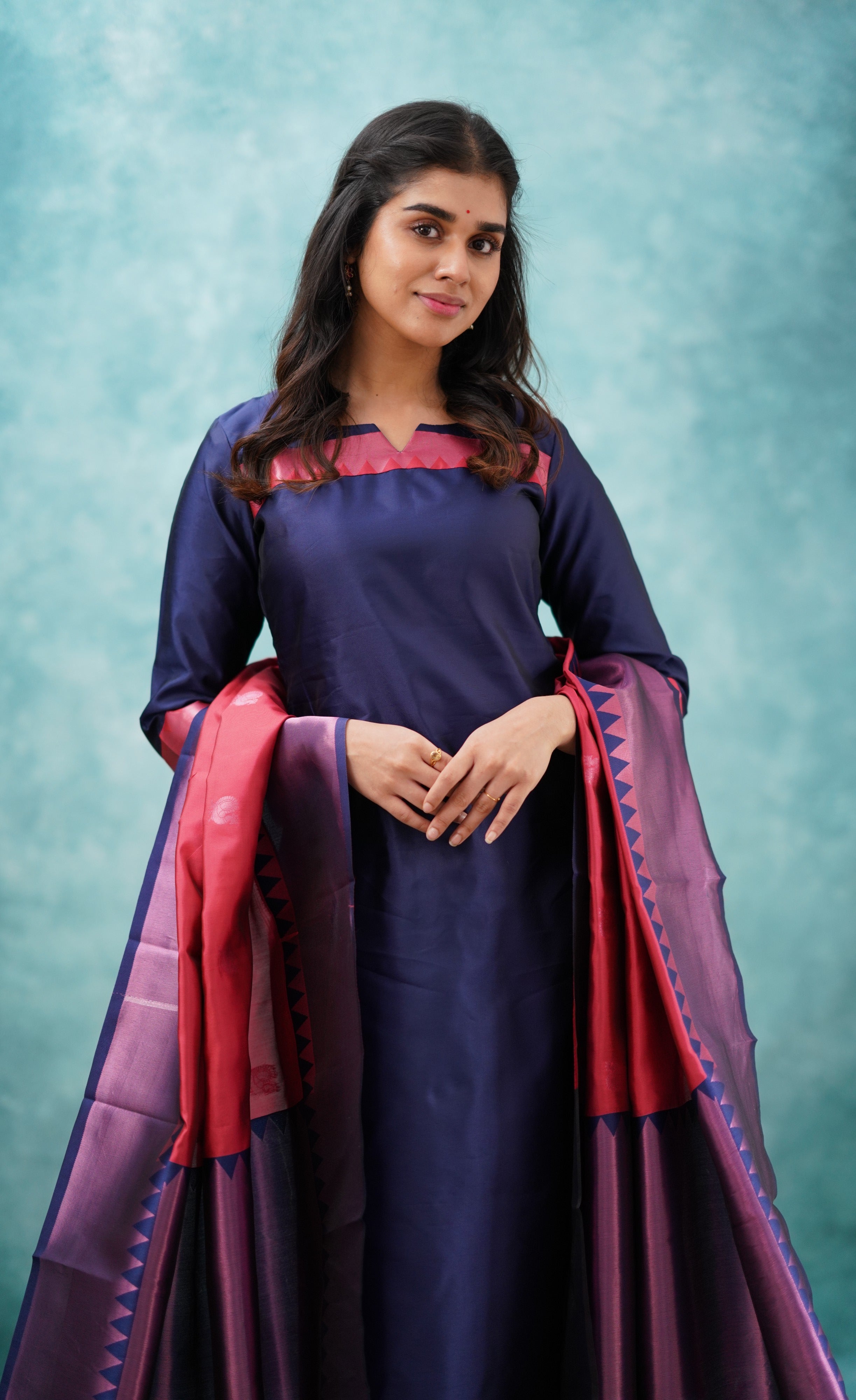 Sanvi - Dark Blue and Red Semi Kanchipuram Silk Salwar  Plus Size