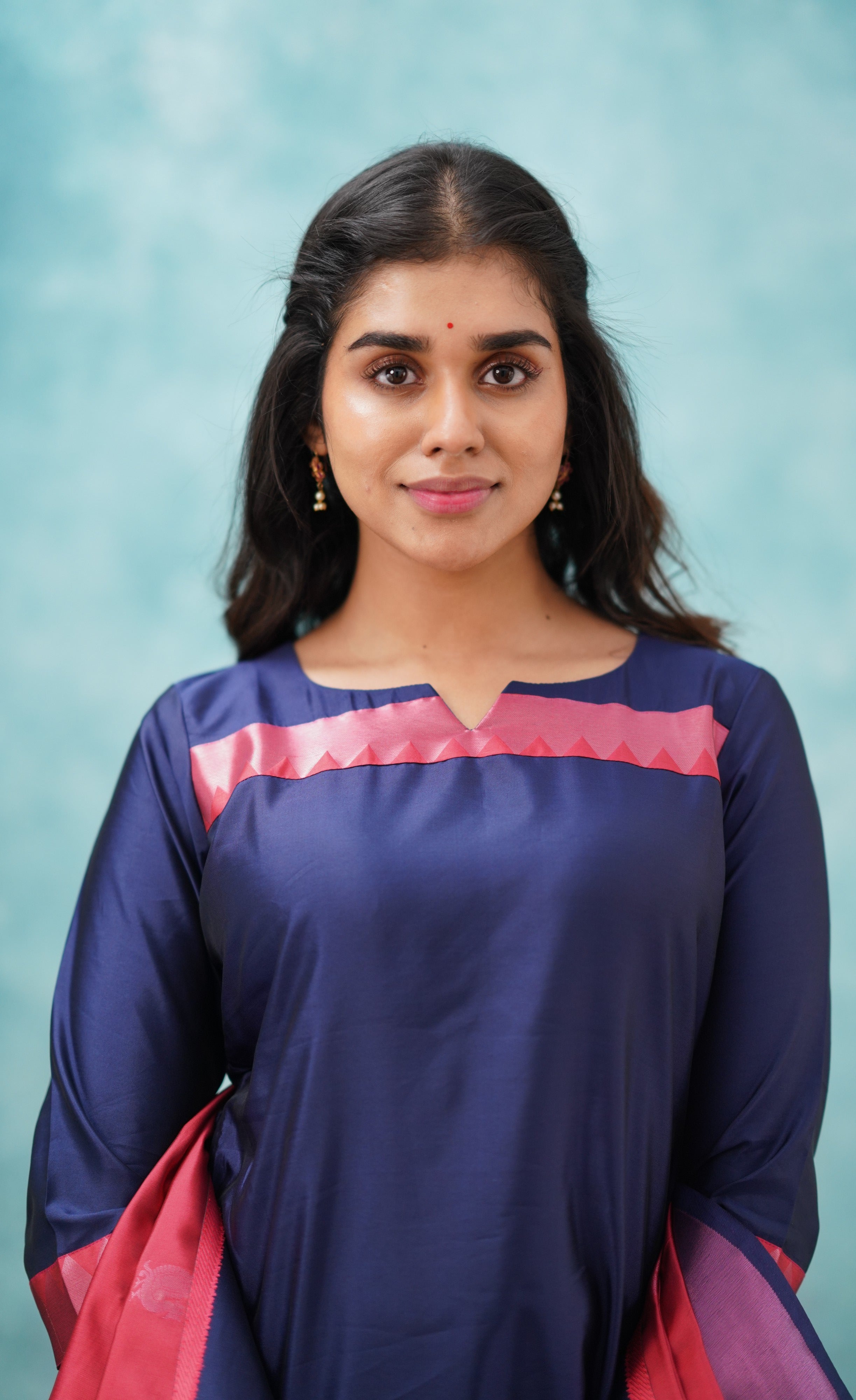 Sanvi - Dark Blue and Red Semi Kanchipuram Silk Salwar  Plus Size