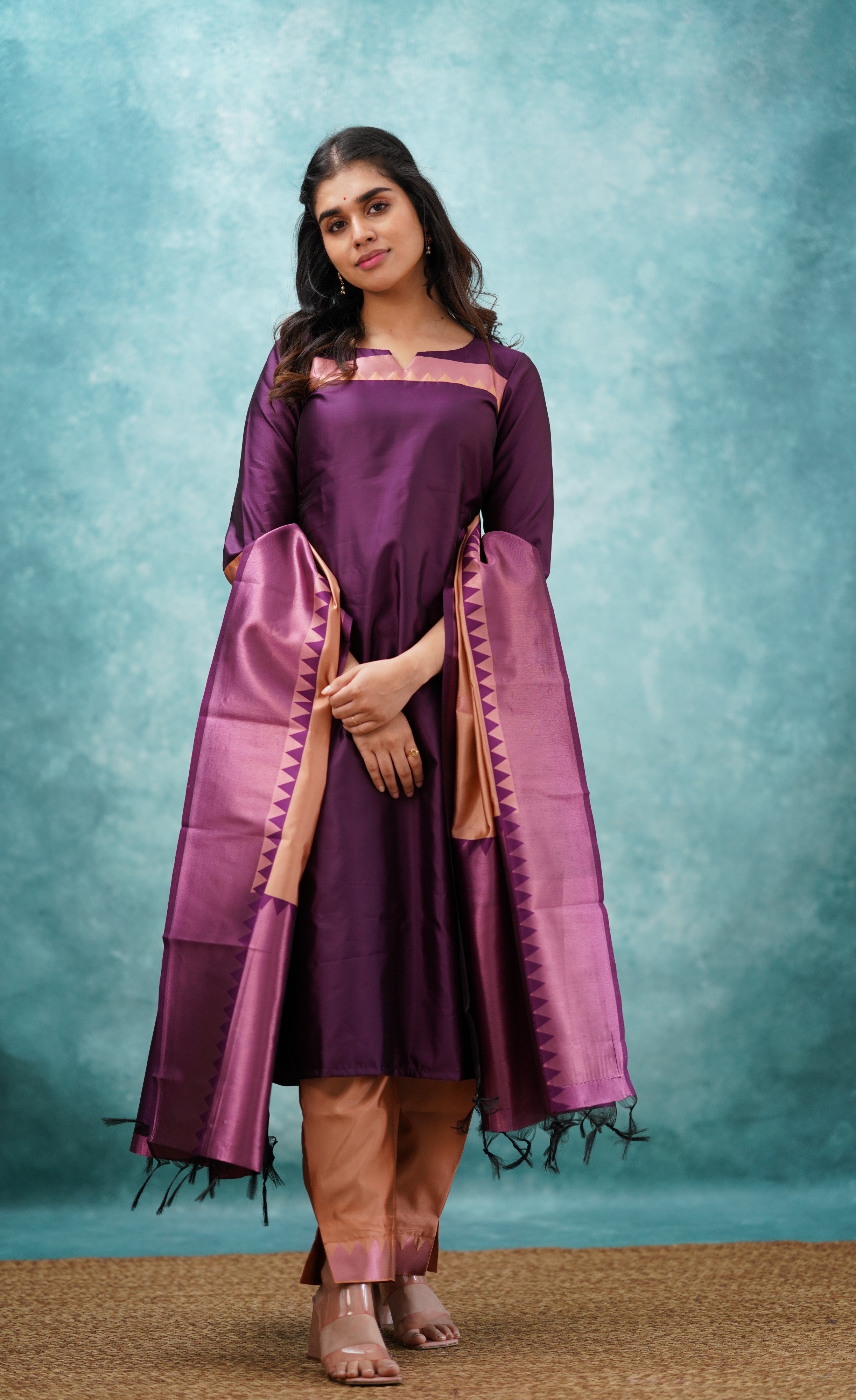 Sanvi - Purplish Magenta and Copper Semi Kanchipuram Silk Salwar Plus Size