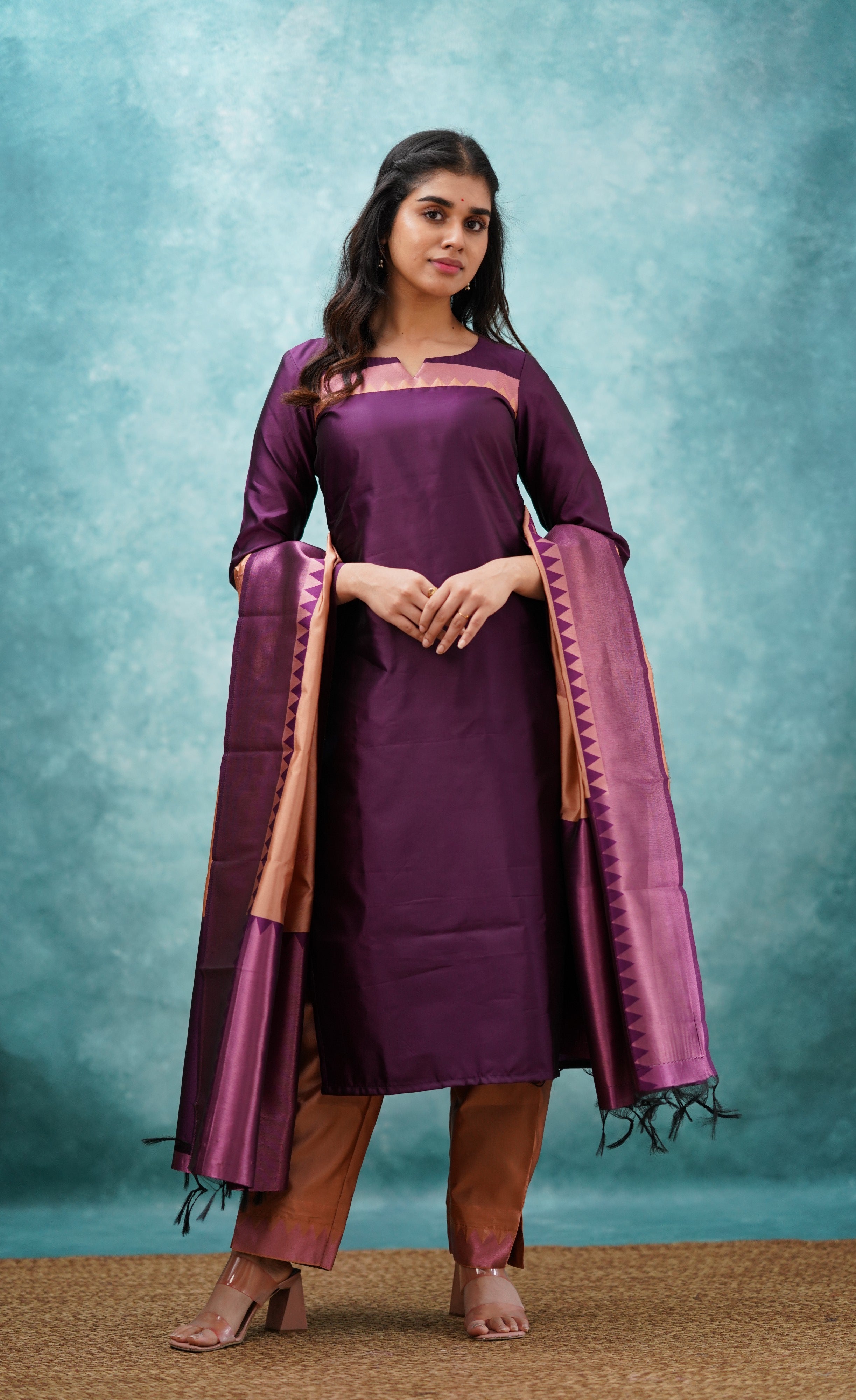 Sanvi - Purplish Magenta and Copper Semi Kanchipuram Silk Salwar Plus Size