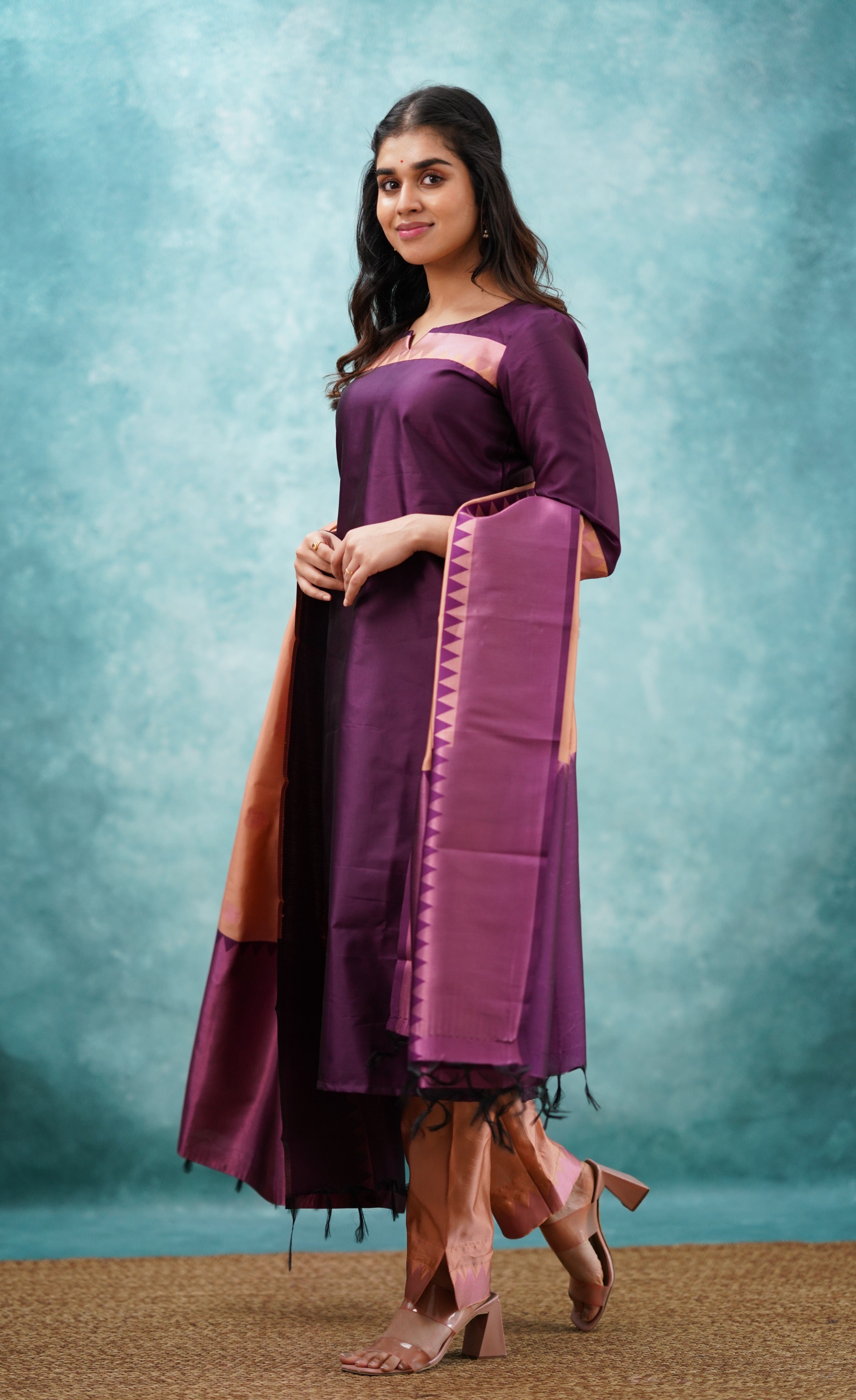 Sanvi - Purplish Magenta and Copper Semi Kanchipuram Silk Salwar Plus Size