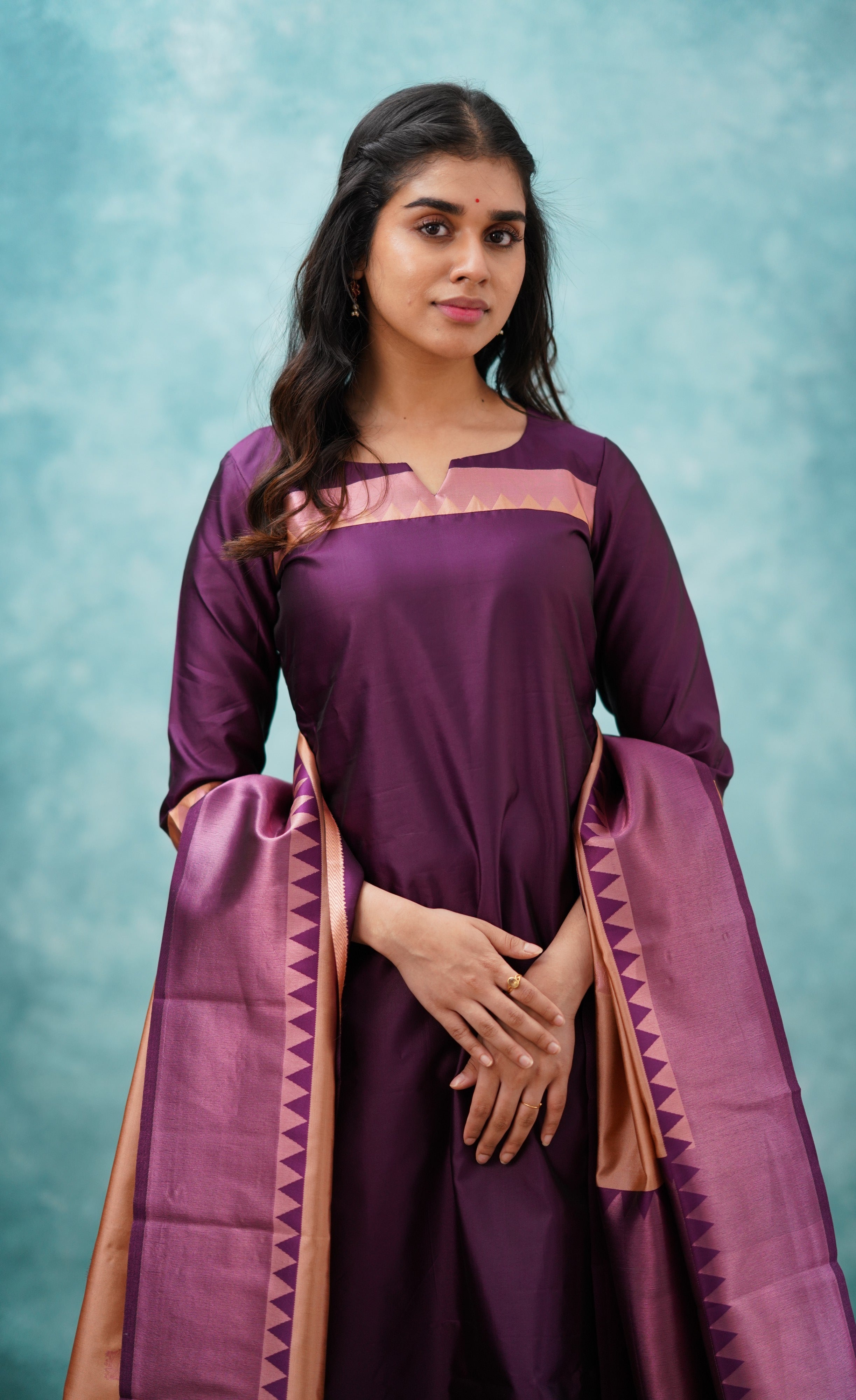 Sanvi - Purplish Magenta and Copper Semi Kanchipuram Silk Salwar Plus Size