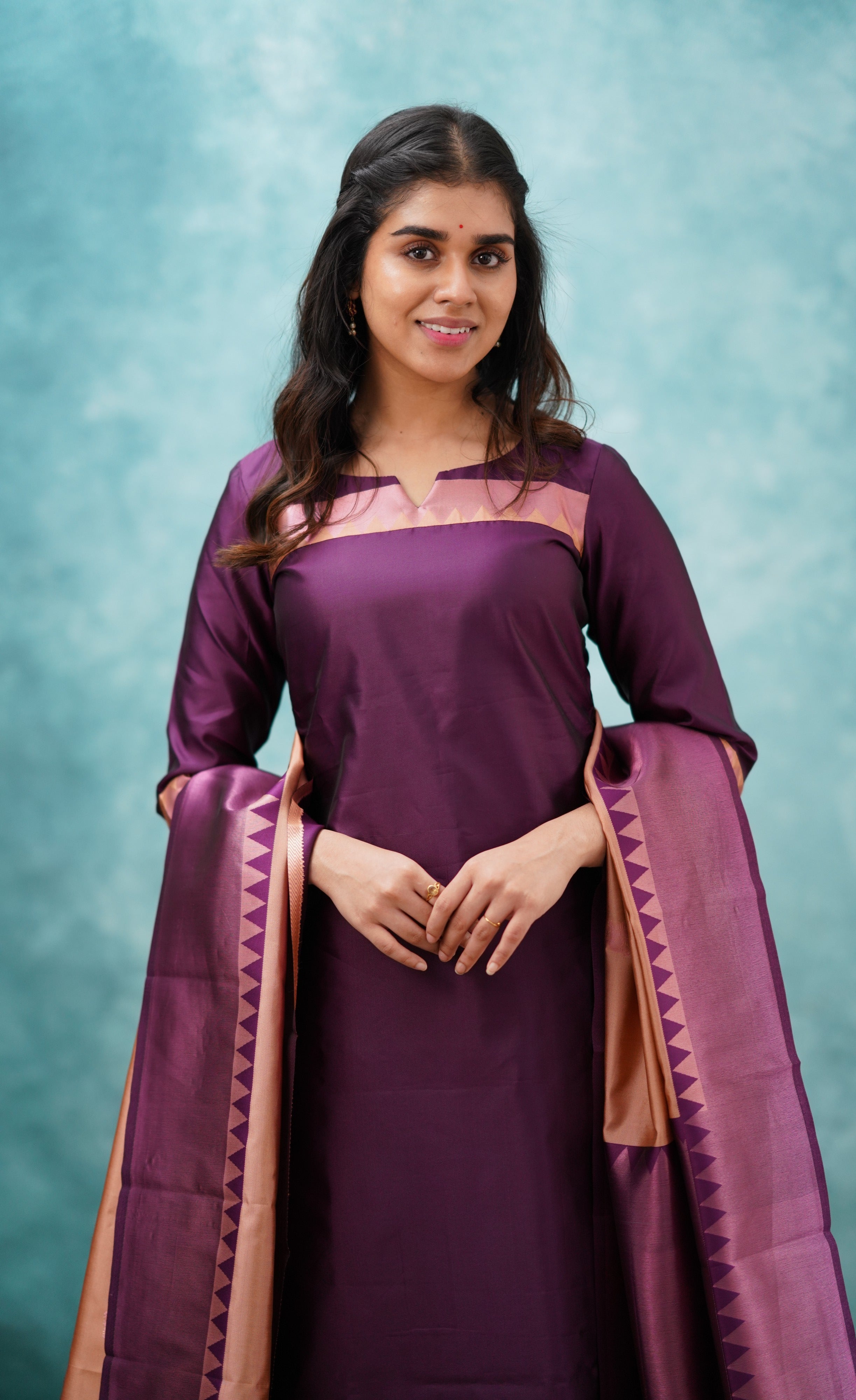 Sanvi - Purplish Magenta and Copper Semi Kanchipuram Silk Salwar Plus Size