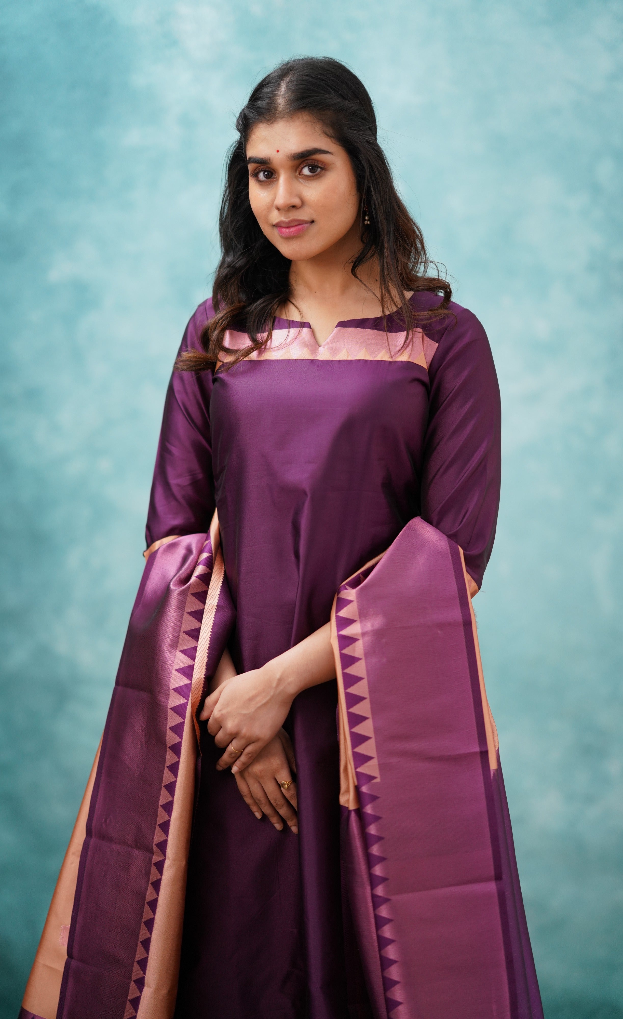 Sanvi - Purplish Magenta and Copper Semi Kanchipuram Silk Salwar Plus Size