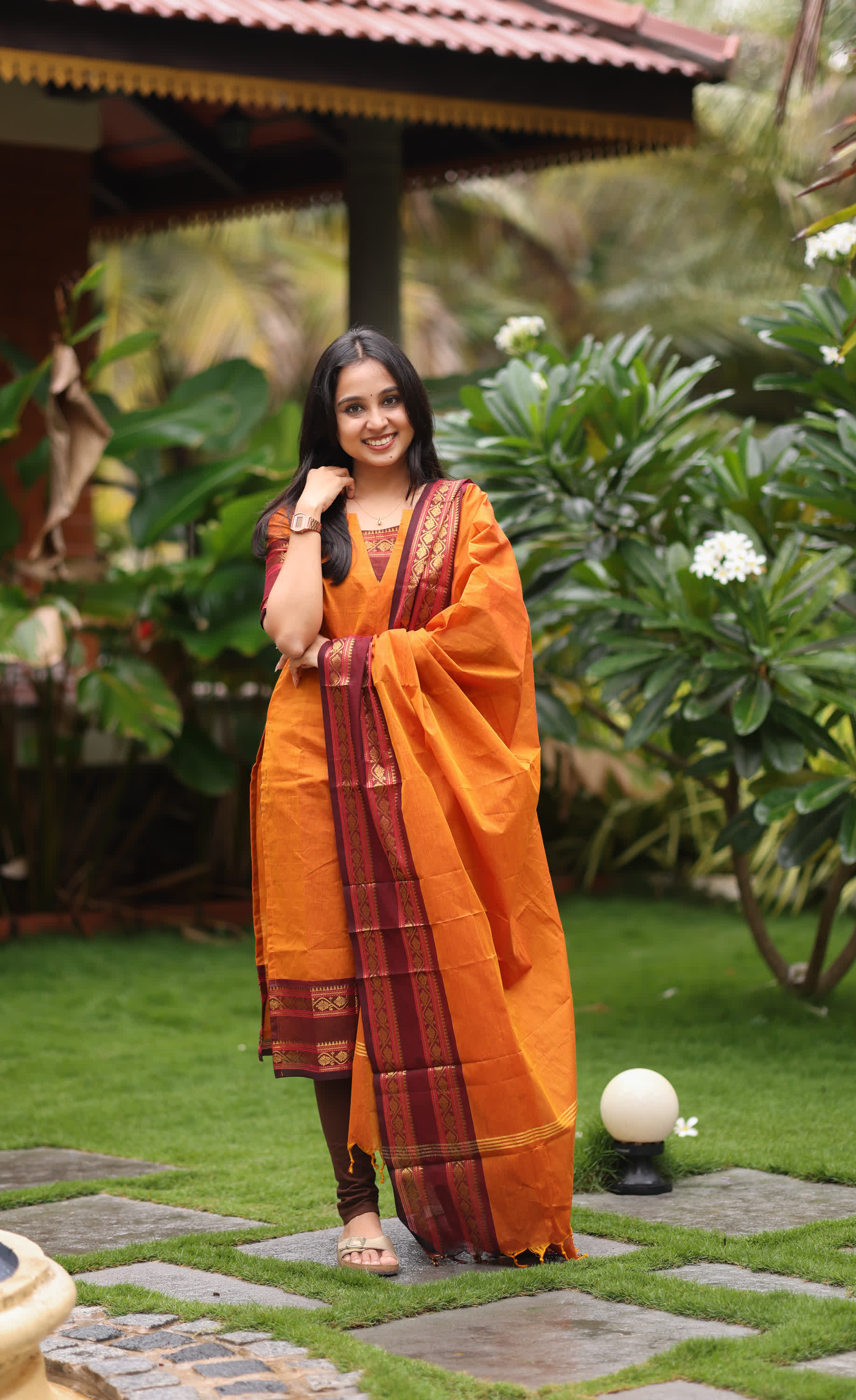 Meera Two-tone Orange with Dark Maroonish Brown Chettinad Cotton Salwar