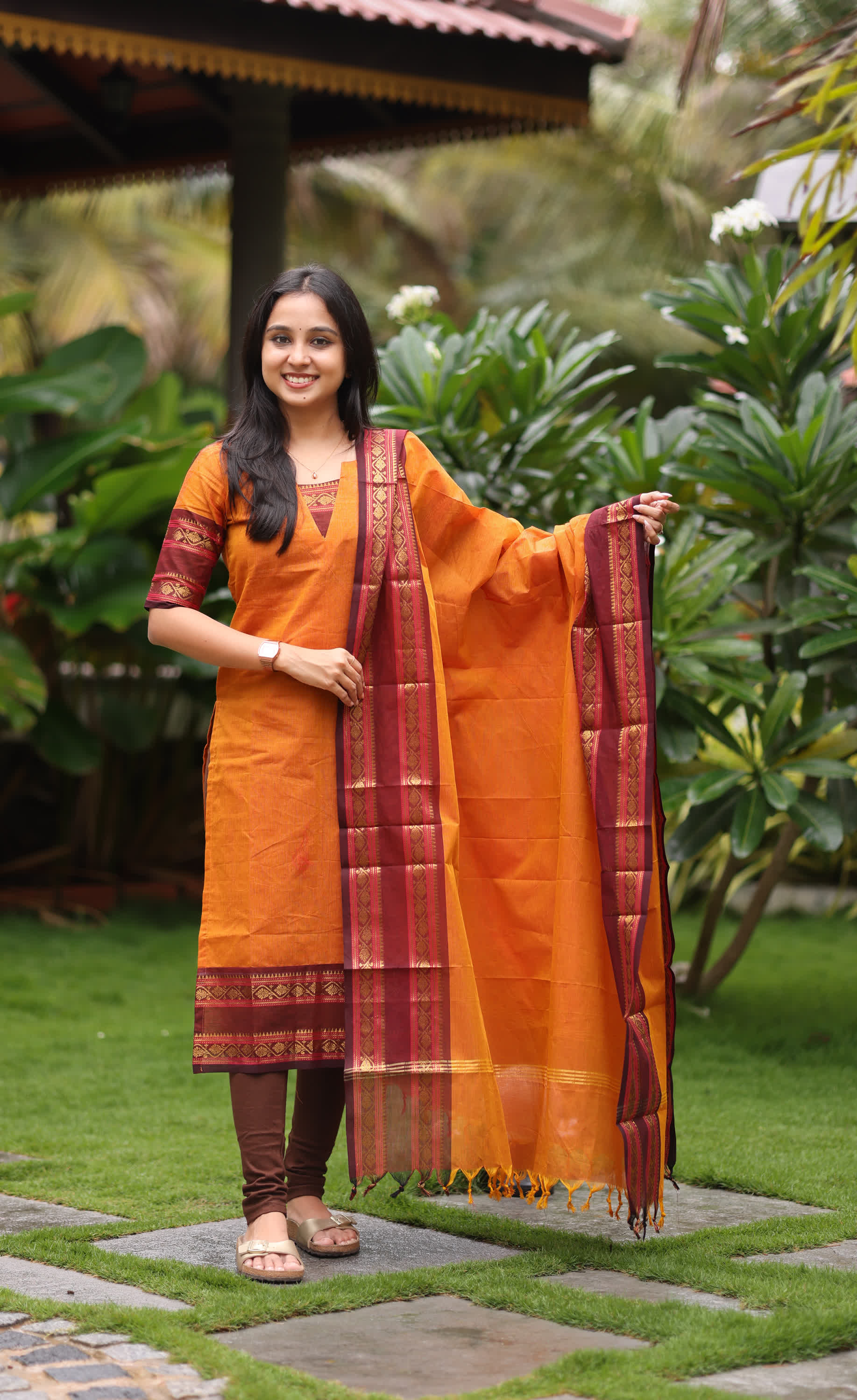 Meera Two-tone Orange with Dark Maroonish Brown Chettinad Cotton Salwar