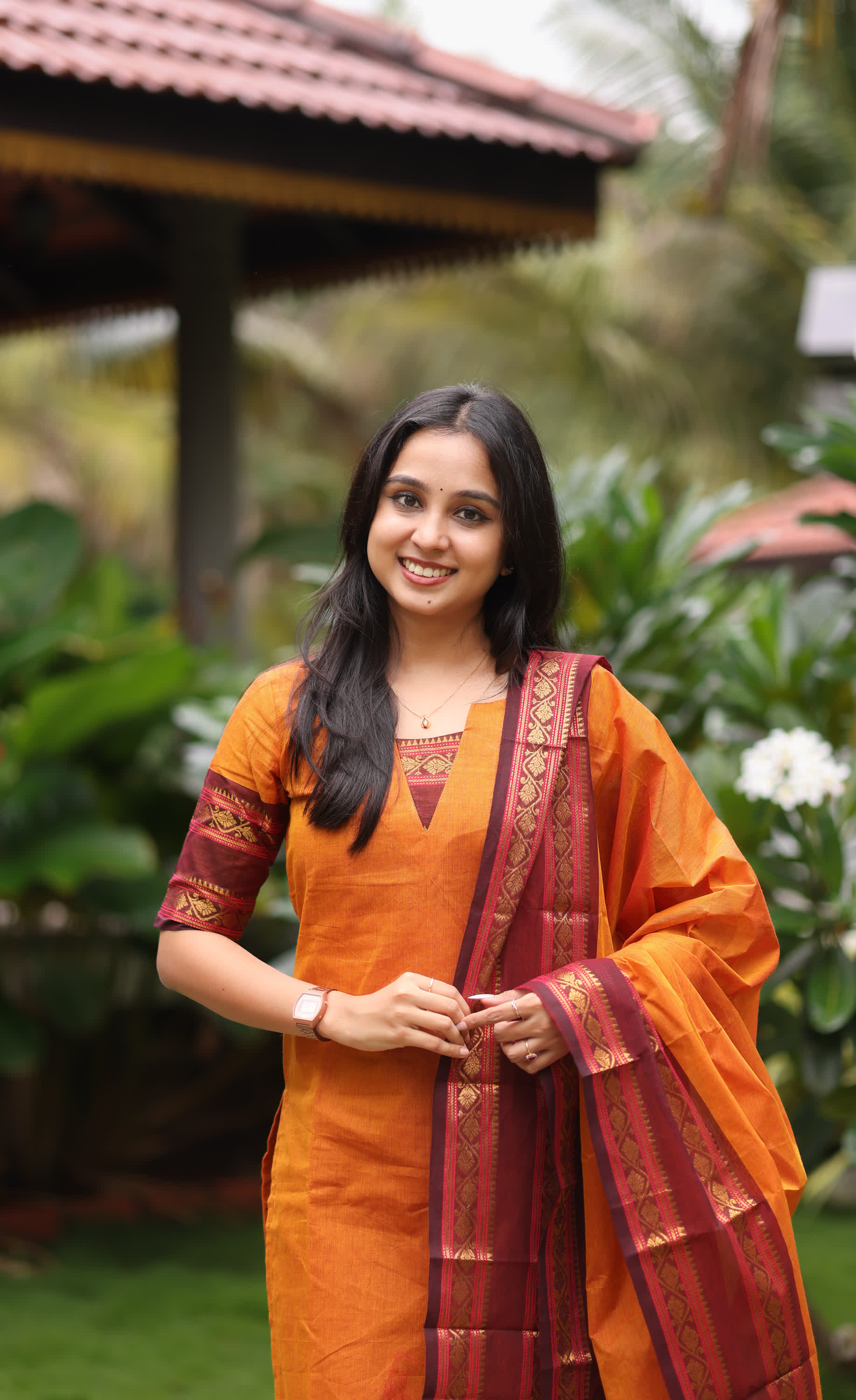 Meera Two-tone Orange with Dark Maroonish Brown Chettinad Cotton Salwar