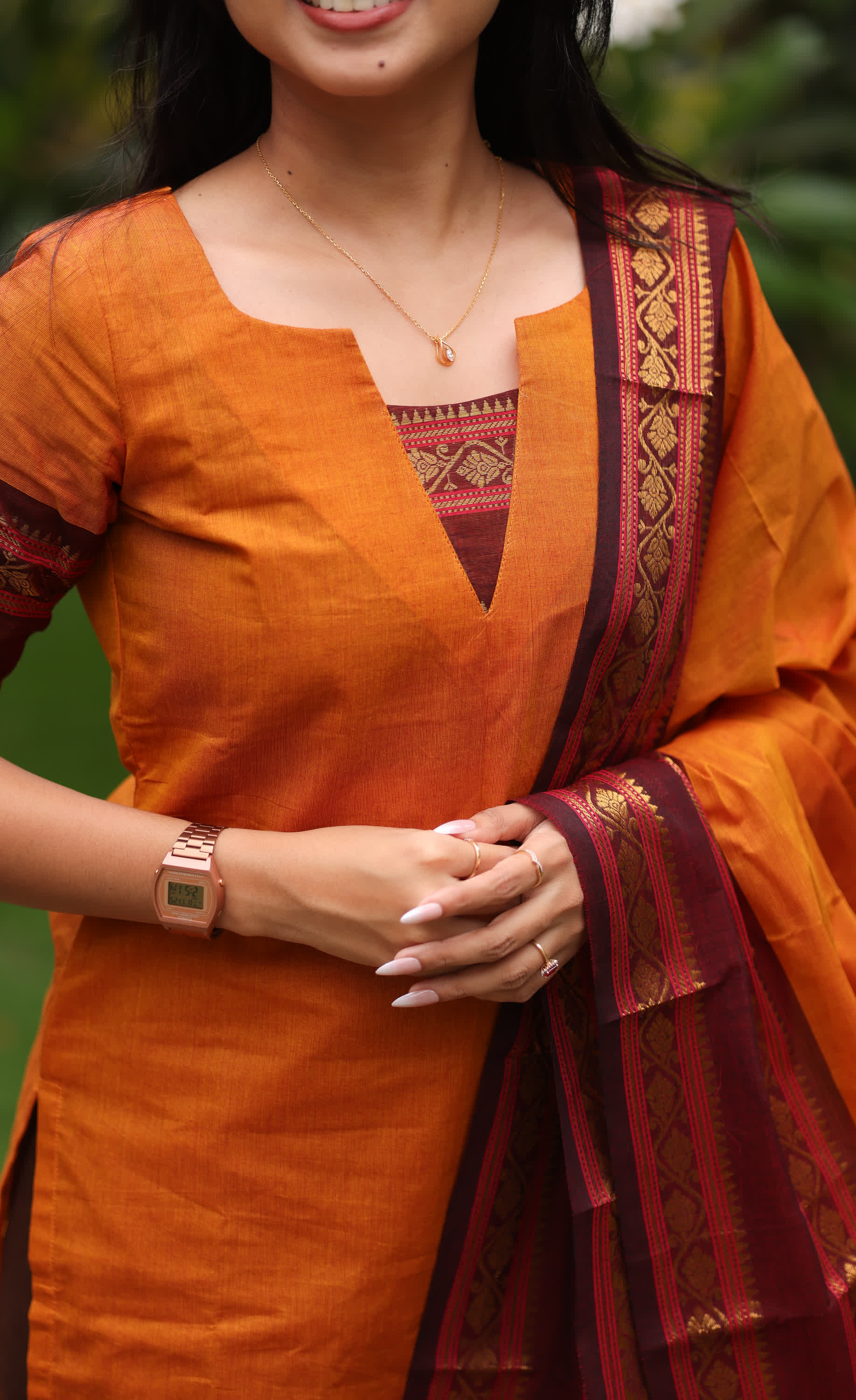 Meera Two-tone Orange with Dark Maroonish Brown Chettinad Cotton Salwar