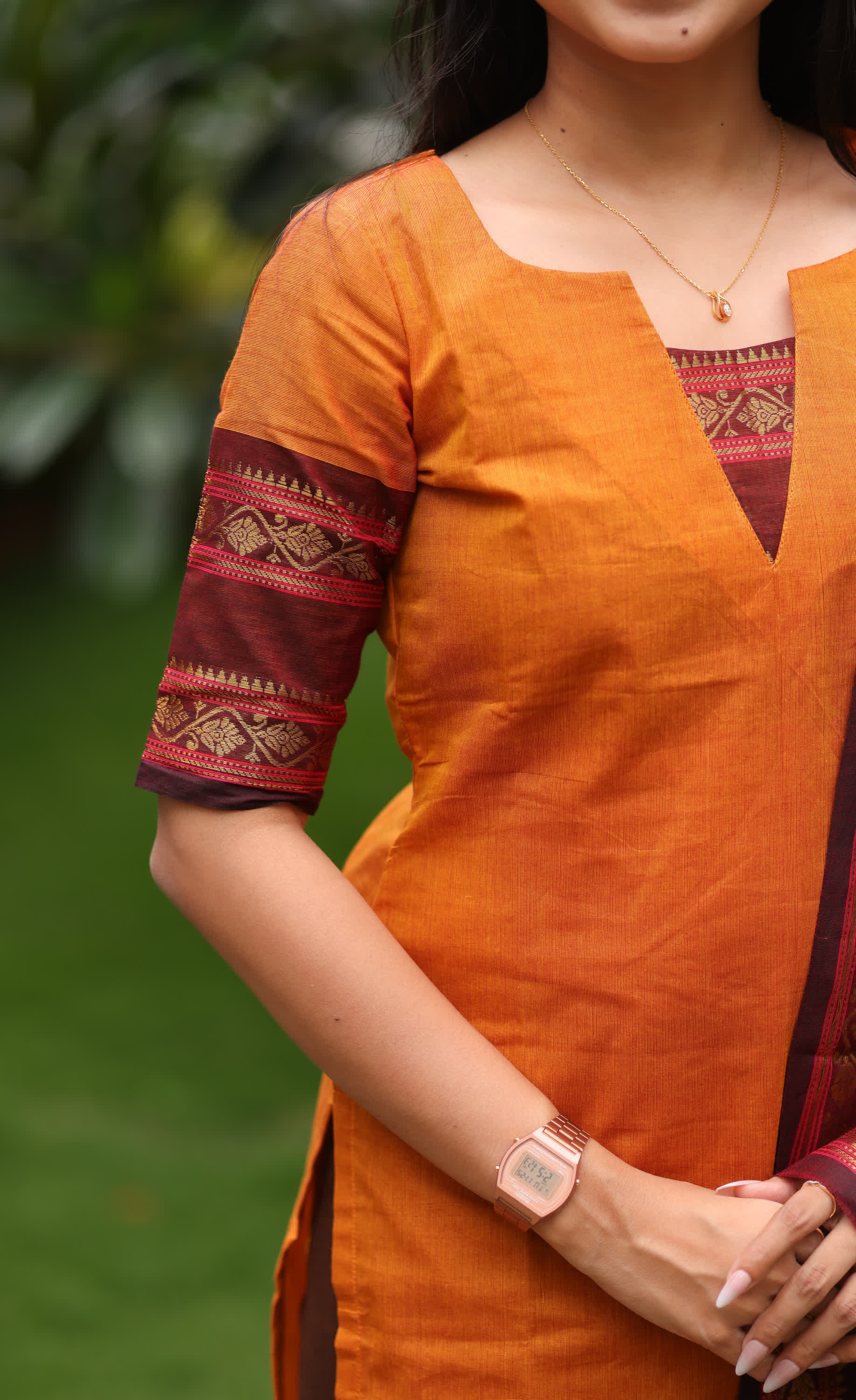 Meera Two-tone Orange with Dark Maroonish Brown Chettinad Cotton Salwar