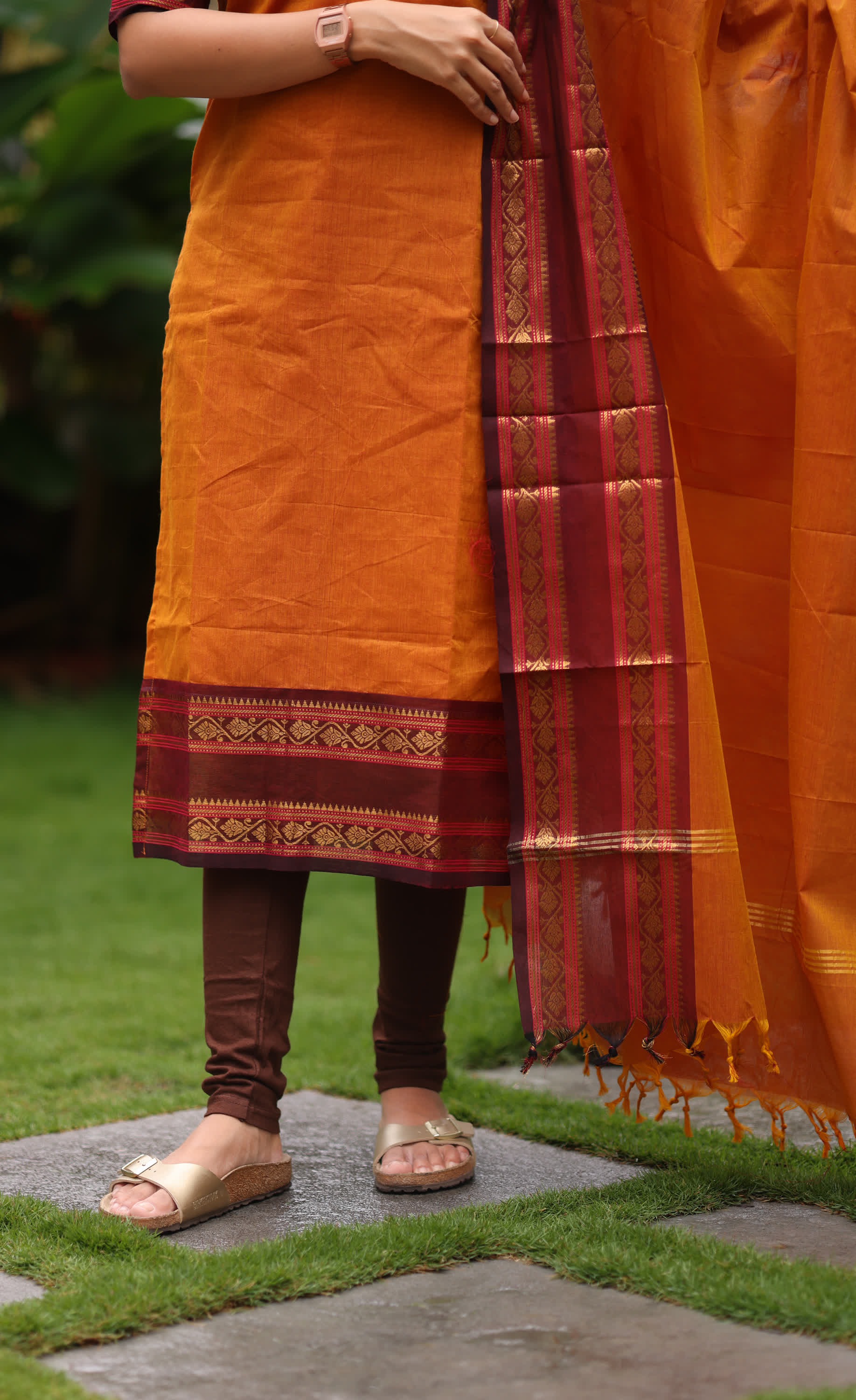 Meera Two-tone Orange with Dark Maroonish Brown Chettinad Cotton Salwar