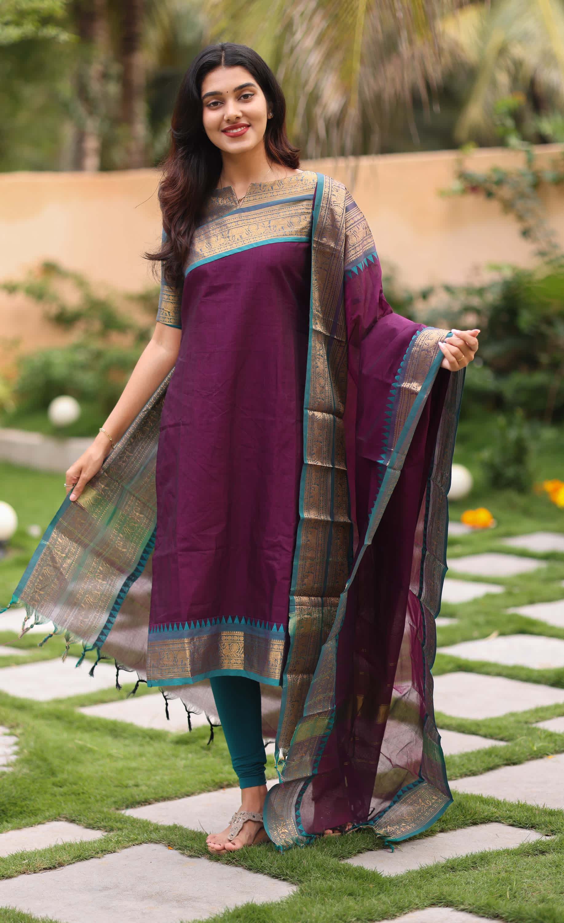Meera Dark Plum with Teal blue Chettinad Cotton Salwar