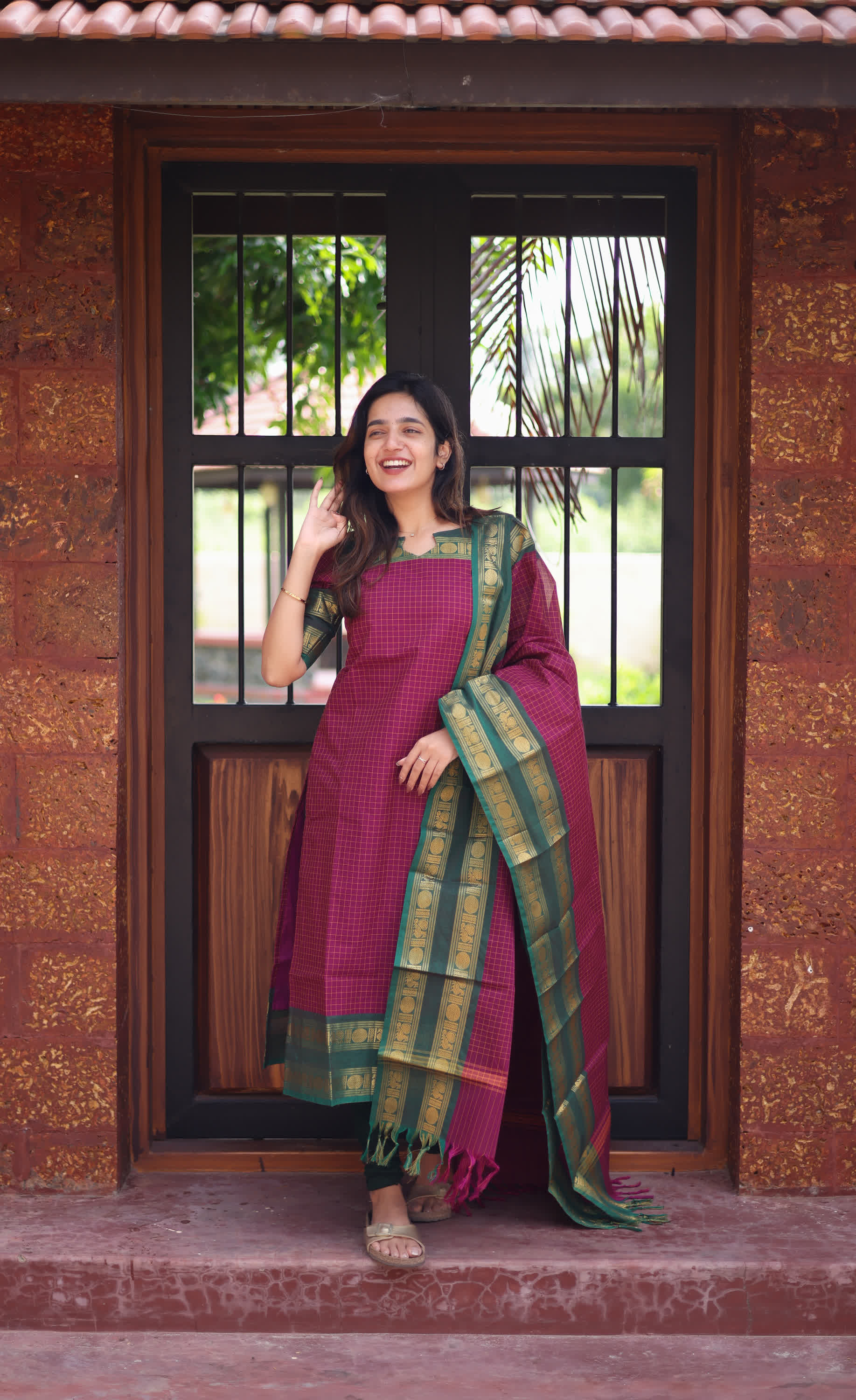 Meera Pinkish Wine with Dark Green Chettinad Cotton Salwar