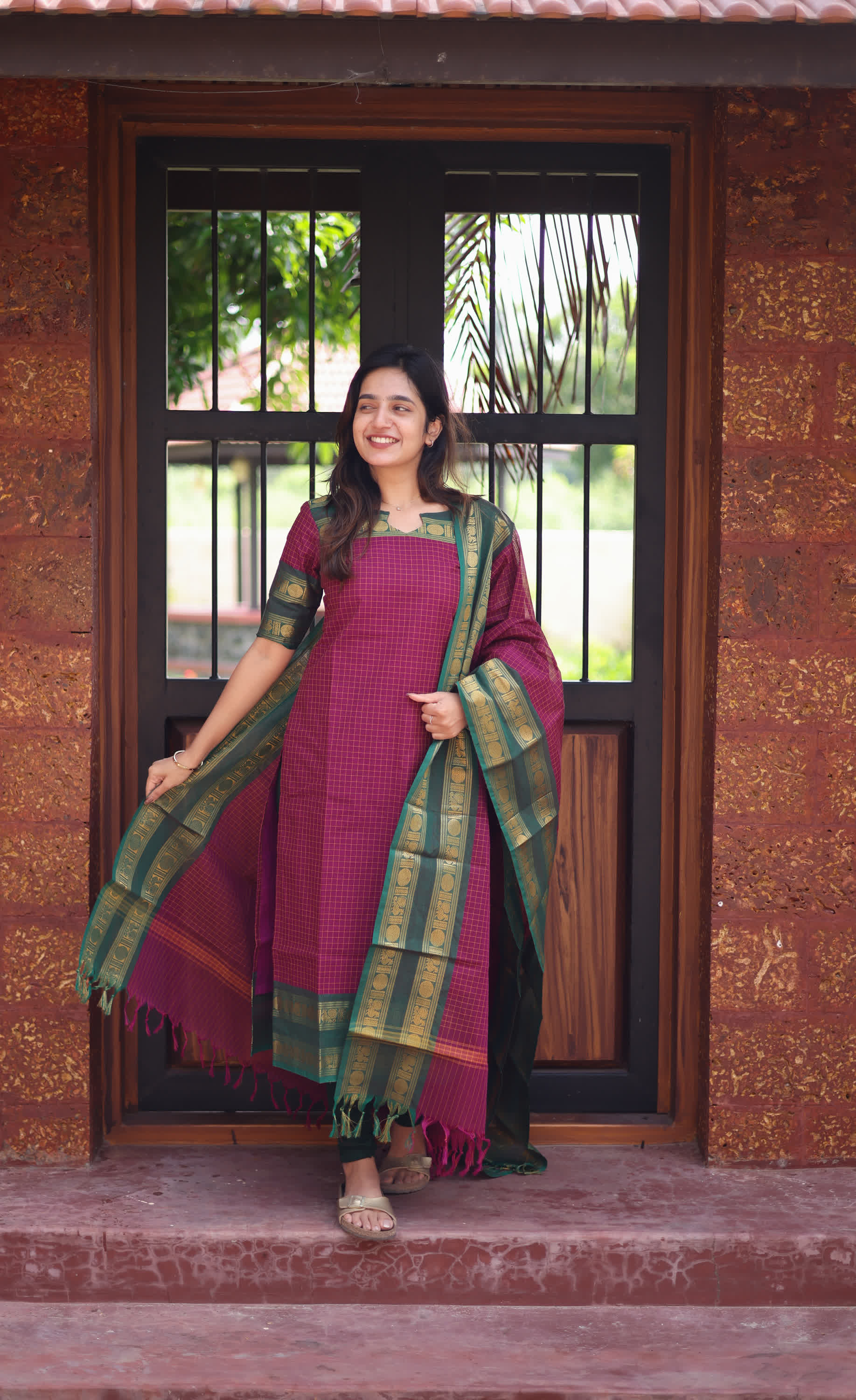 Meera Pinkish Wine with Dark Green Chettinad Cotton Salwar