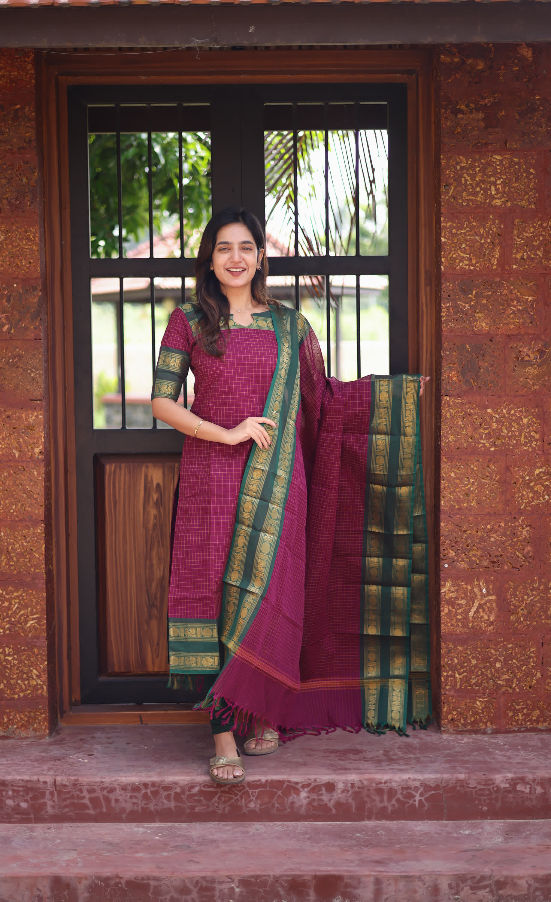 Meera Pinkish Wine with Dark Green Chettinad Cotton Salwar