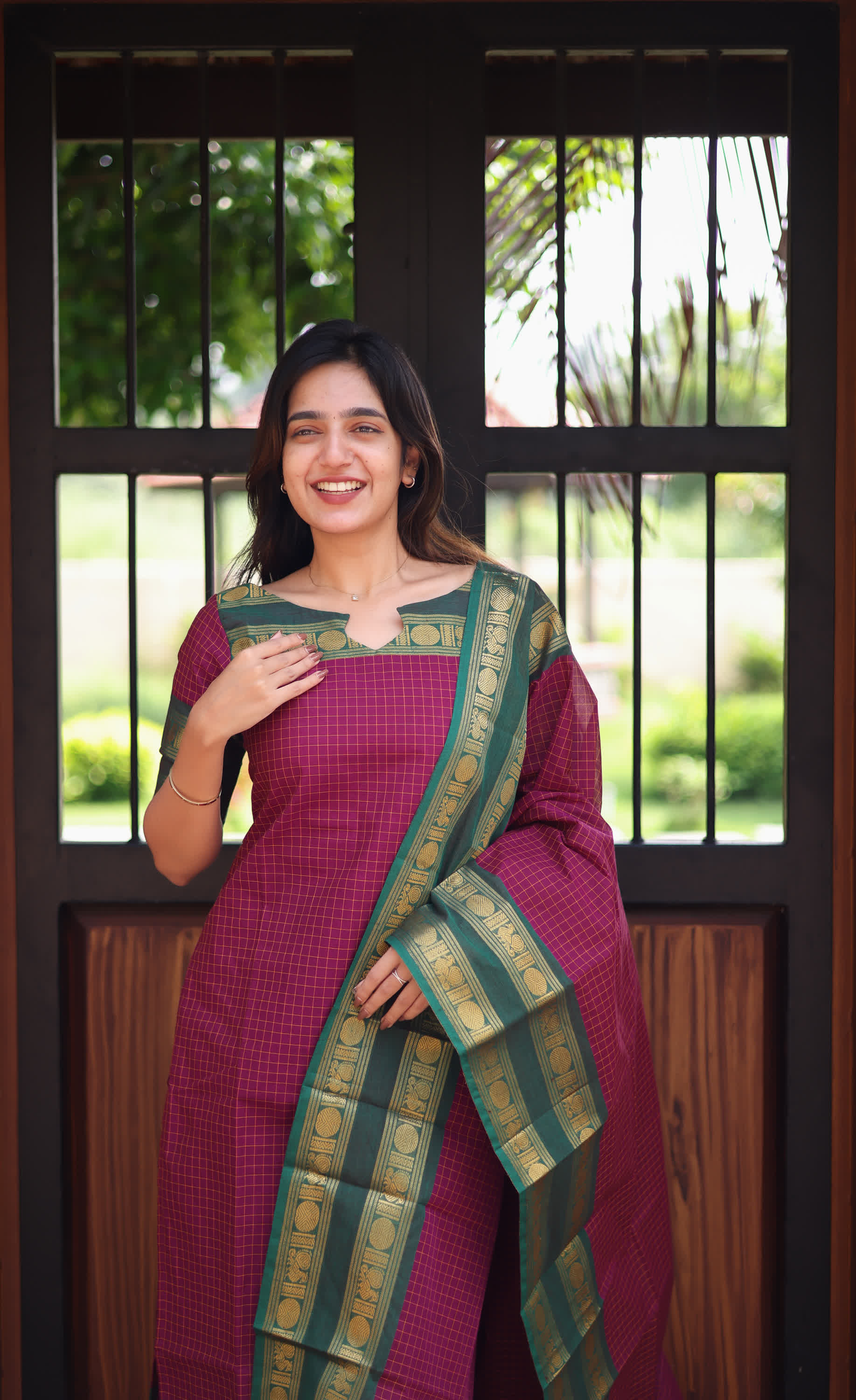 Meera Pinkish Wine with Dark Green Chettinad Cotton Salwar