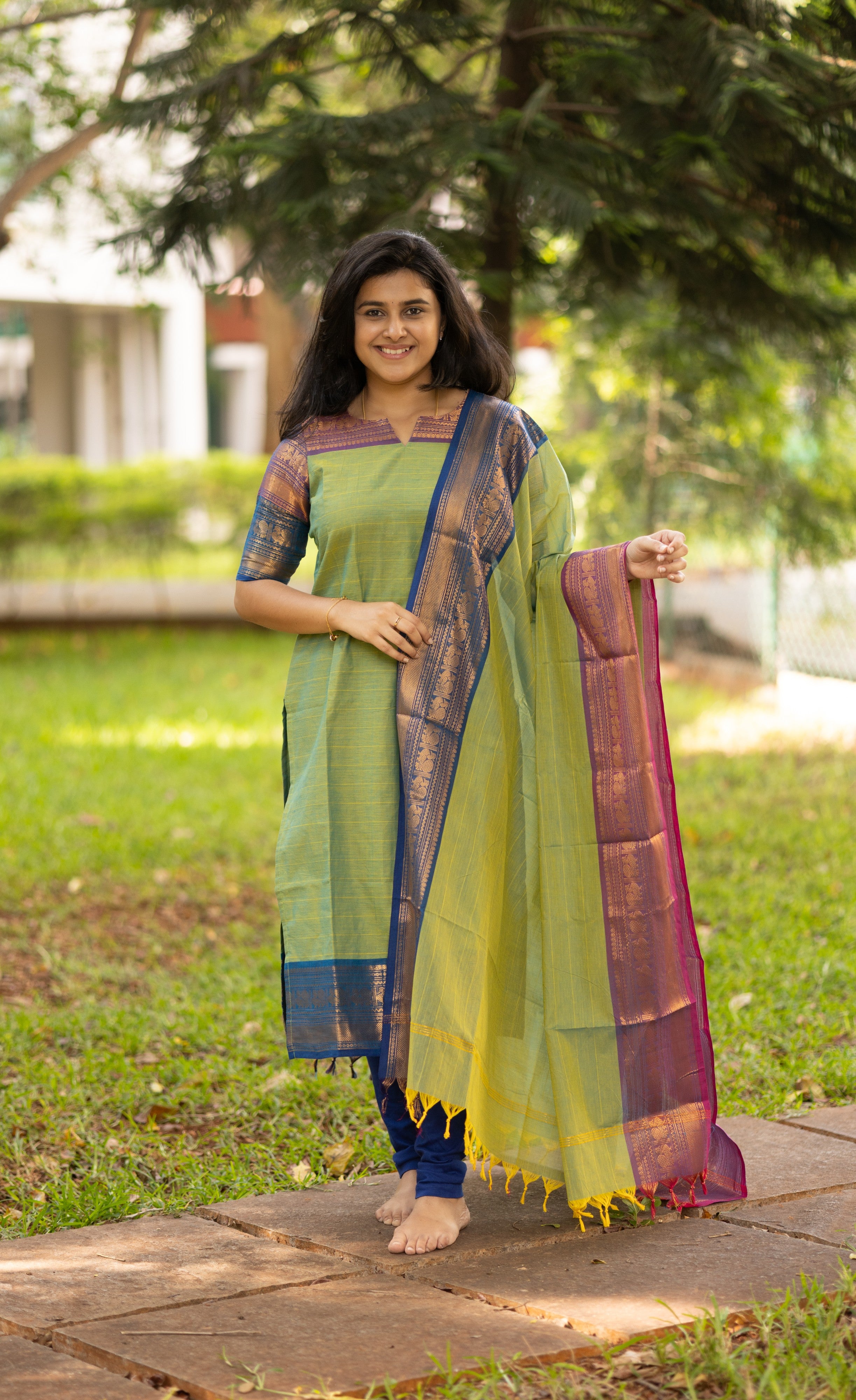 Meera Dual tone Green with Dark Blue and Violet Chettinad Cotton Salwar