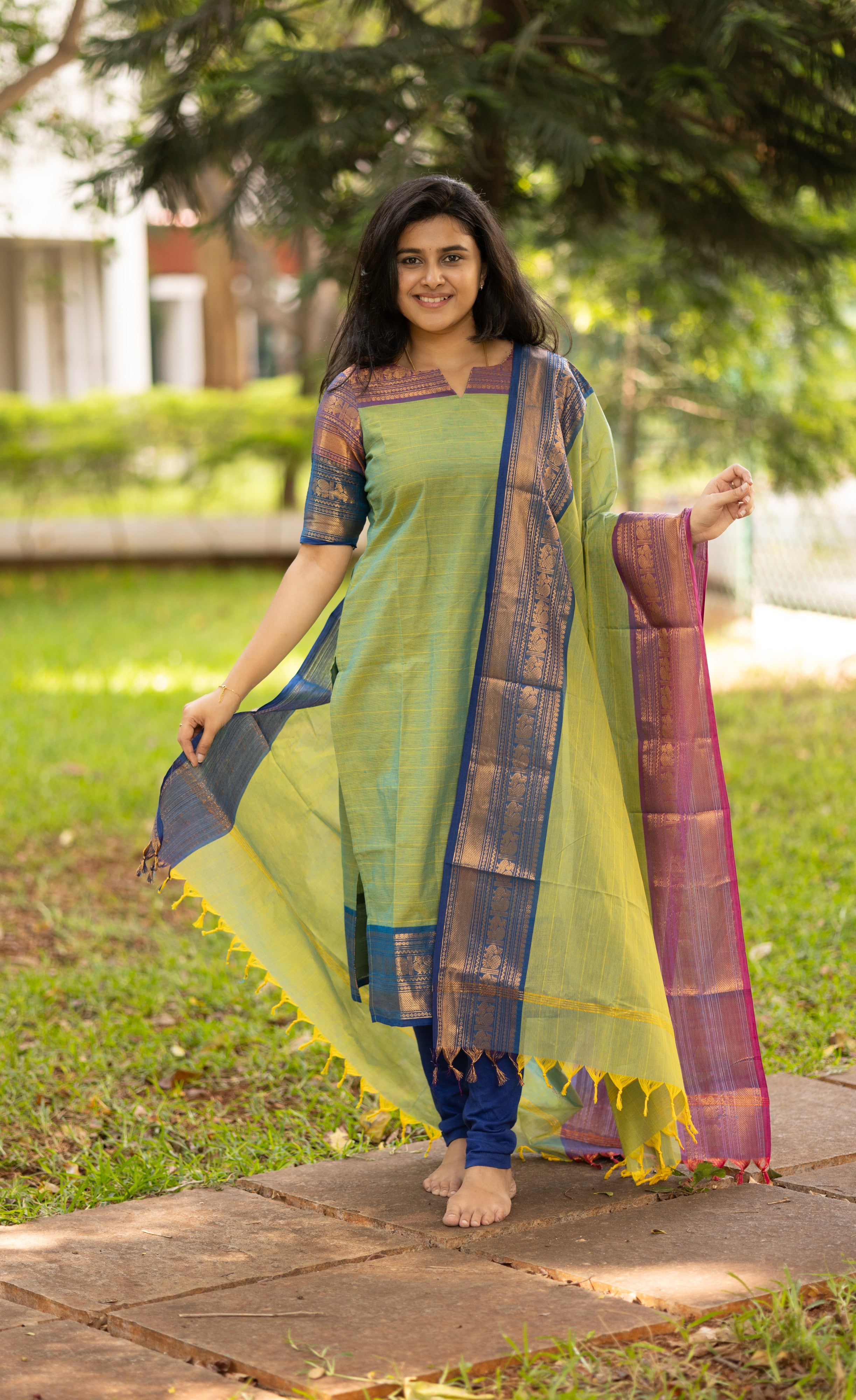Meera Dual tone Green with Dark Blue and Violet Chettinad Cotton Salwar