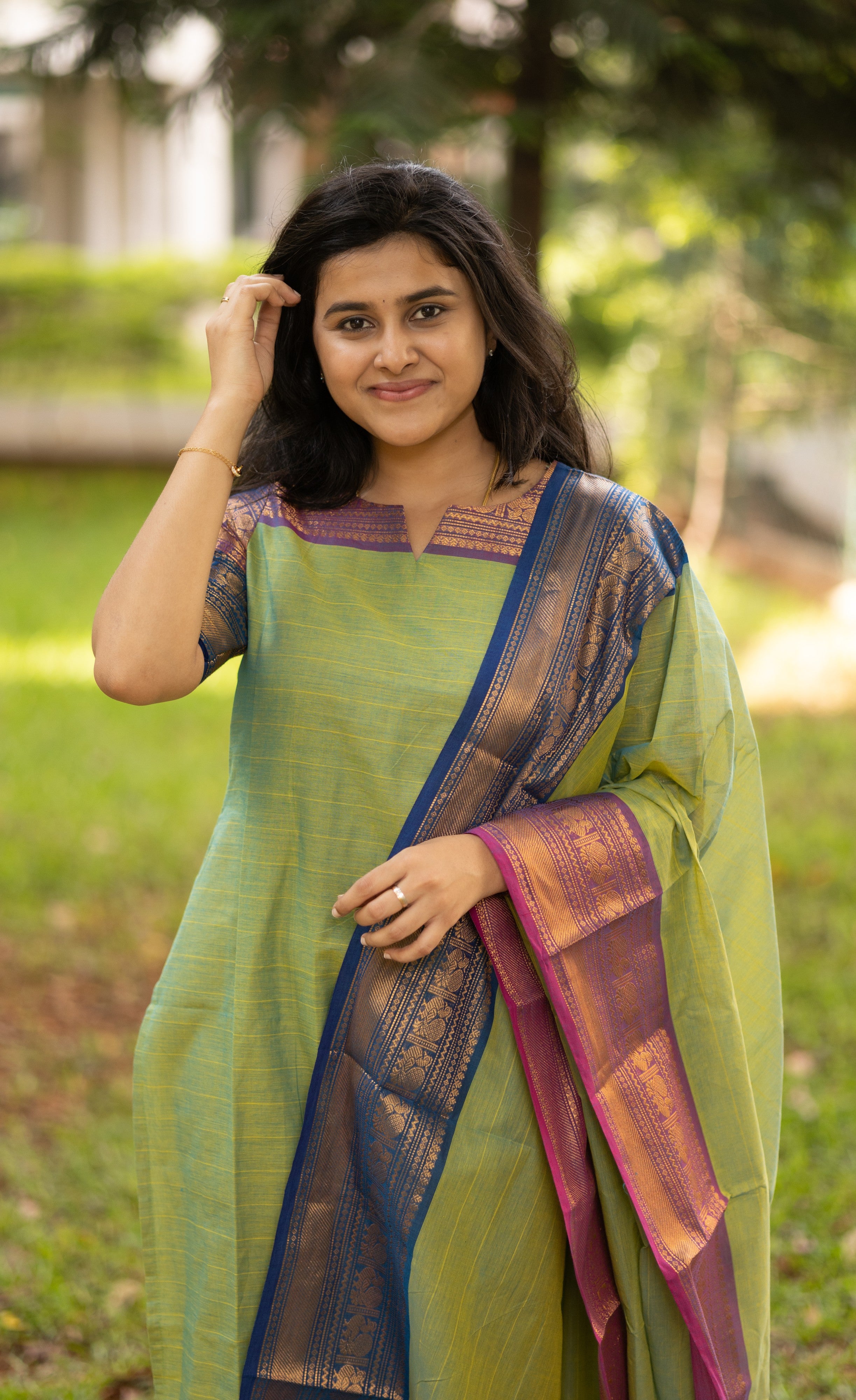 Meera Dual tone Green with Dark Blue and Violet Chettinad Cotton Salwar
