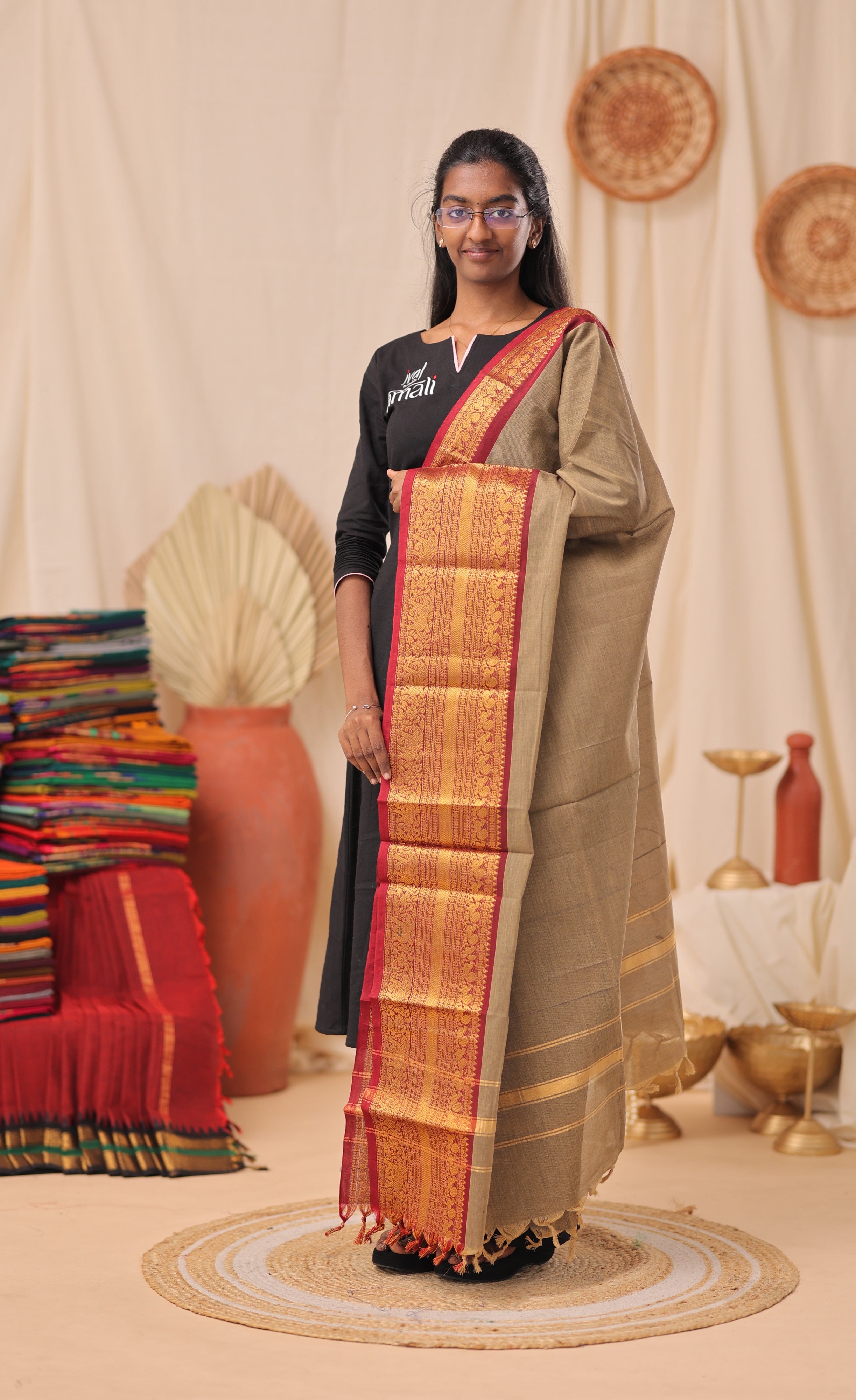 Light Greyish Brown With Maroon Chettinad Cotton Dupatta