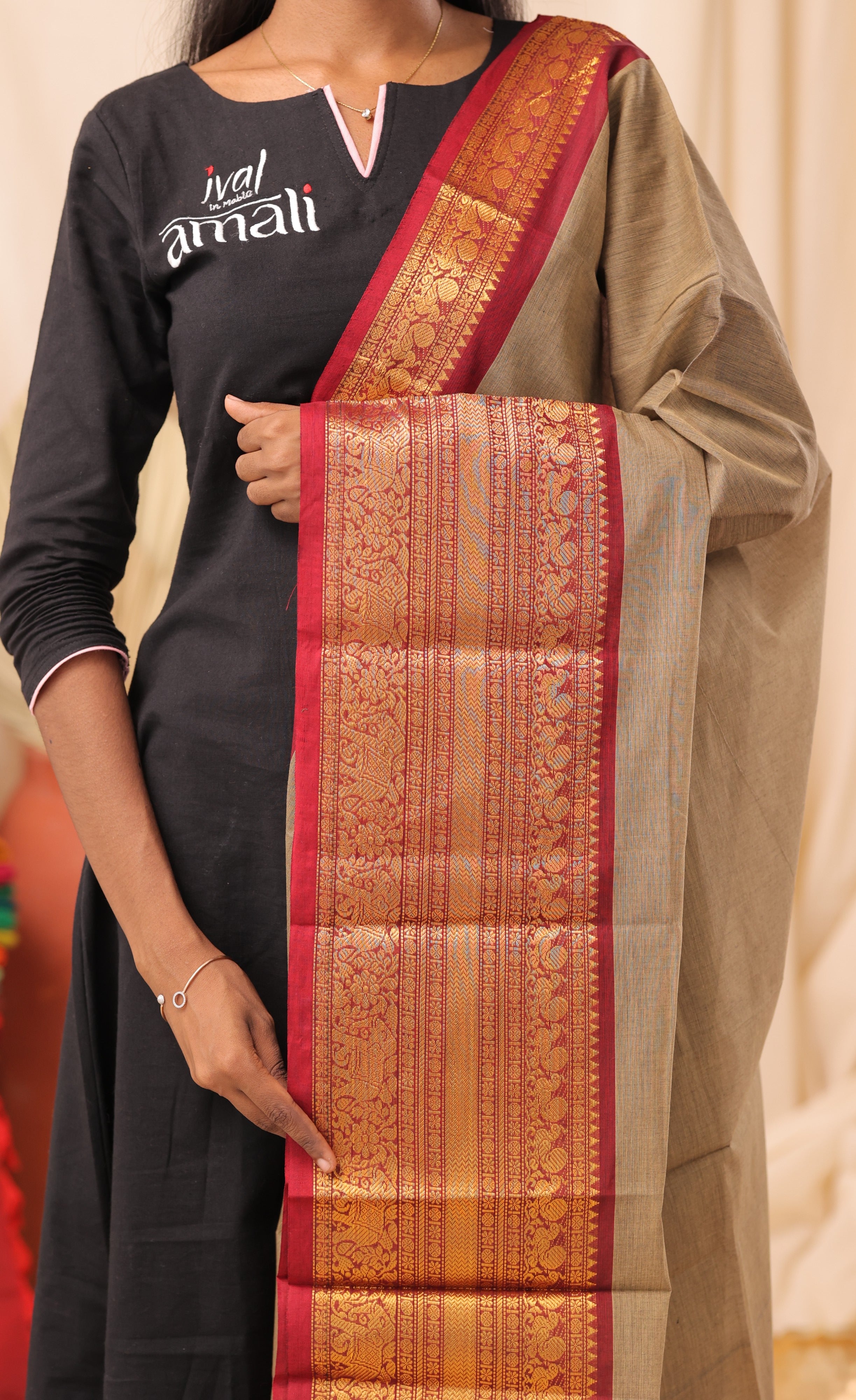Light Greyish Brown With Maroon Chettinad Cotton Dupatta
