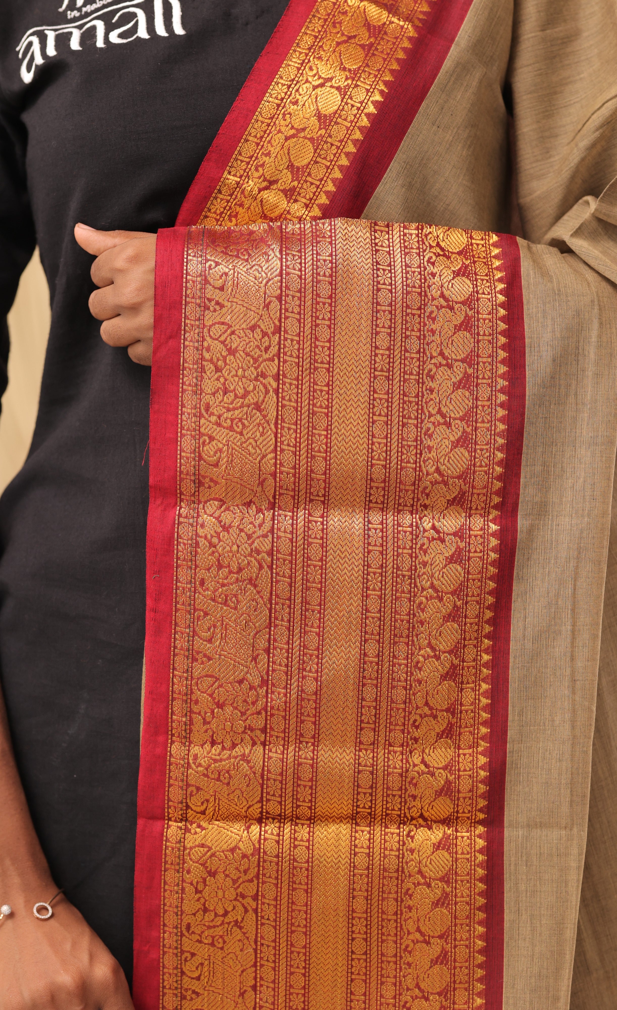 Light Greyish Brown With Maroon Chettinad Cotton Dupatta